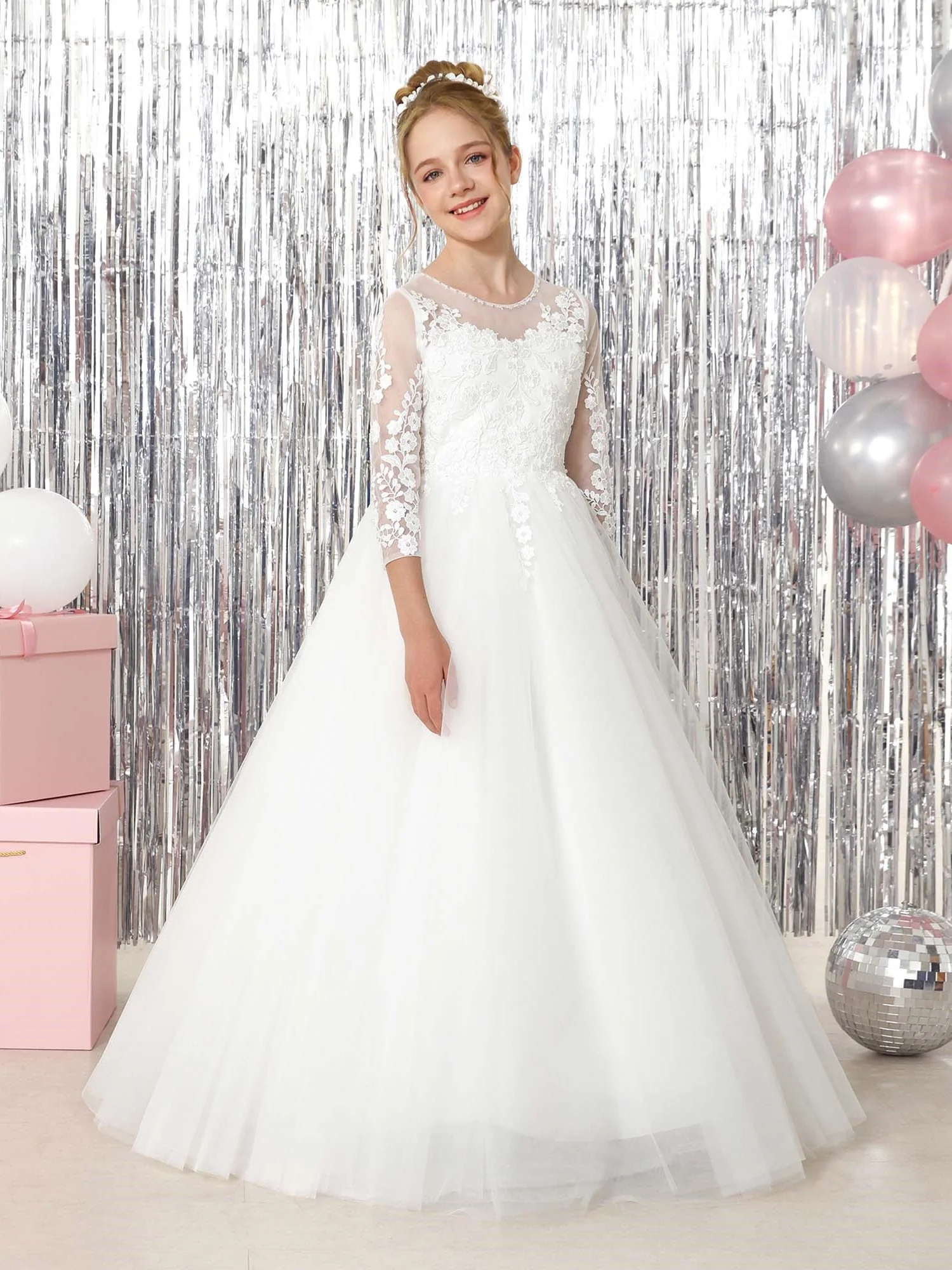 Ball-Gown 3/4 Sleeves Scoop Neck Floor-Length Flower Girl Dresses - Image 2
