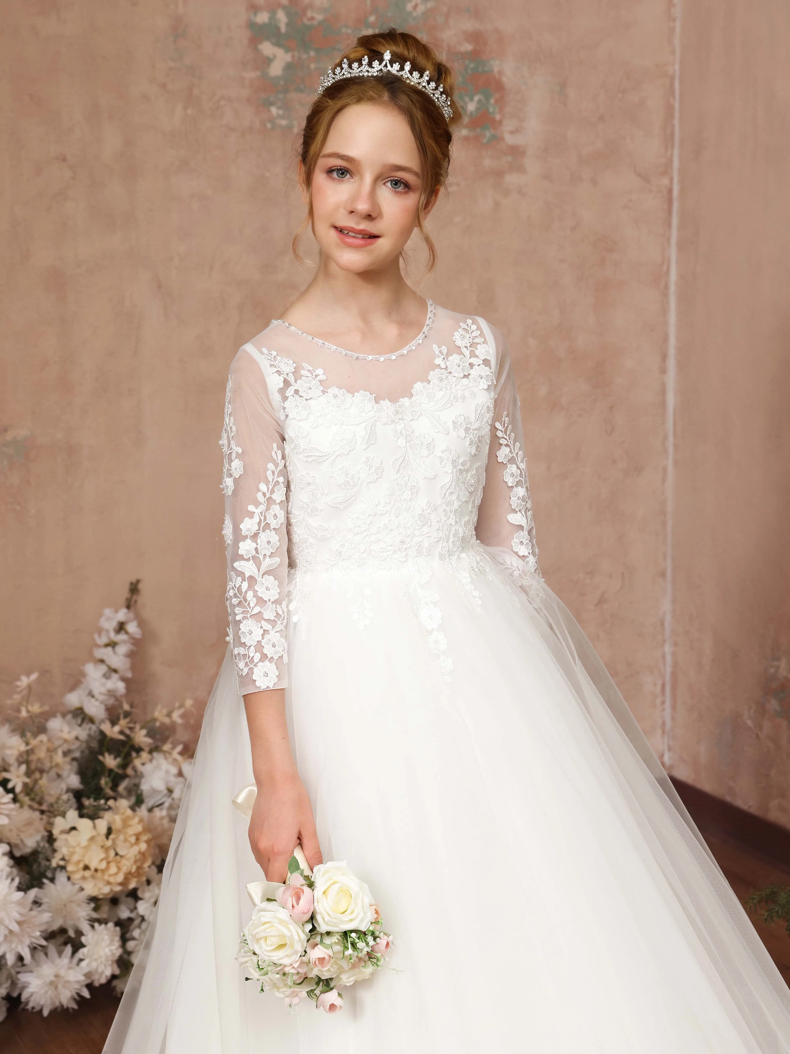 Ball-Gown 3/4 Sleeves Scoop Neck Floor-Length Flower Girl Dresses - Image 5