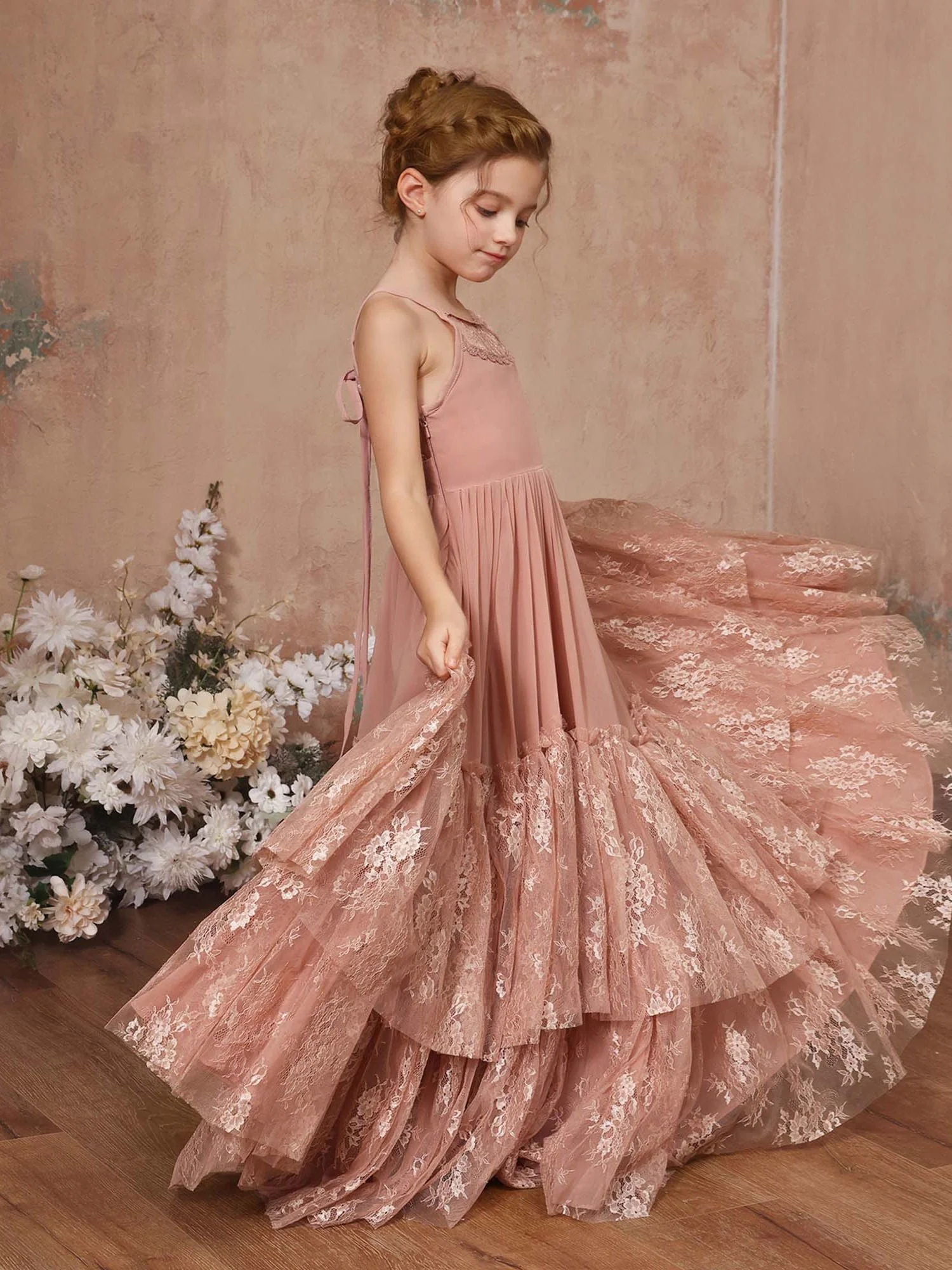 A-Line/Princess Lace Chiffon Sleeveless Scoop Neck Floor-Length Flower Girl Dresses - Image 8