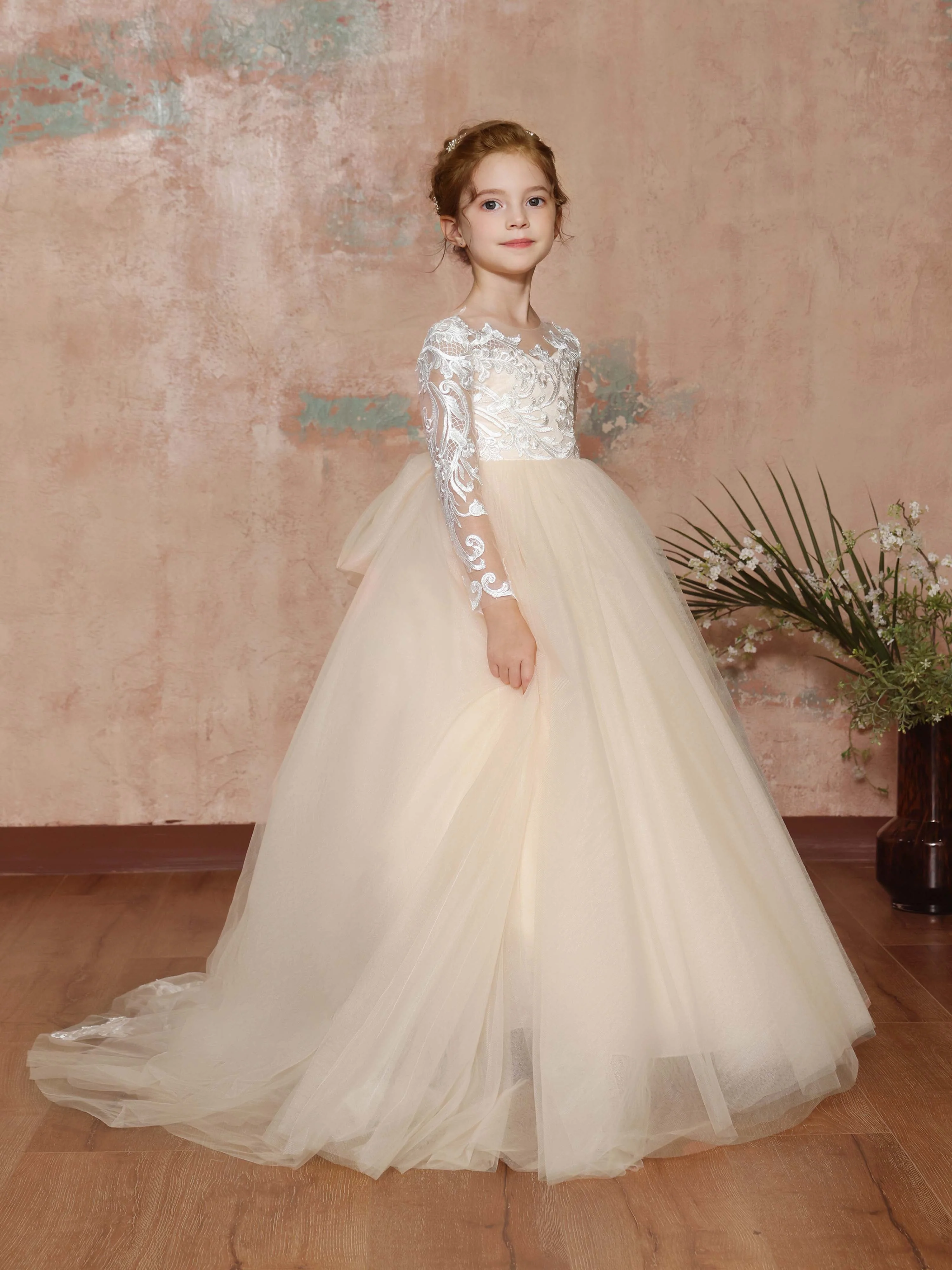 Ball-Gown Lace Long Sleeves Cap Straps Floor-Length Flower Girl Dresses - Image 7