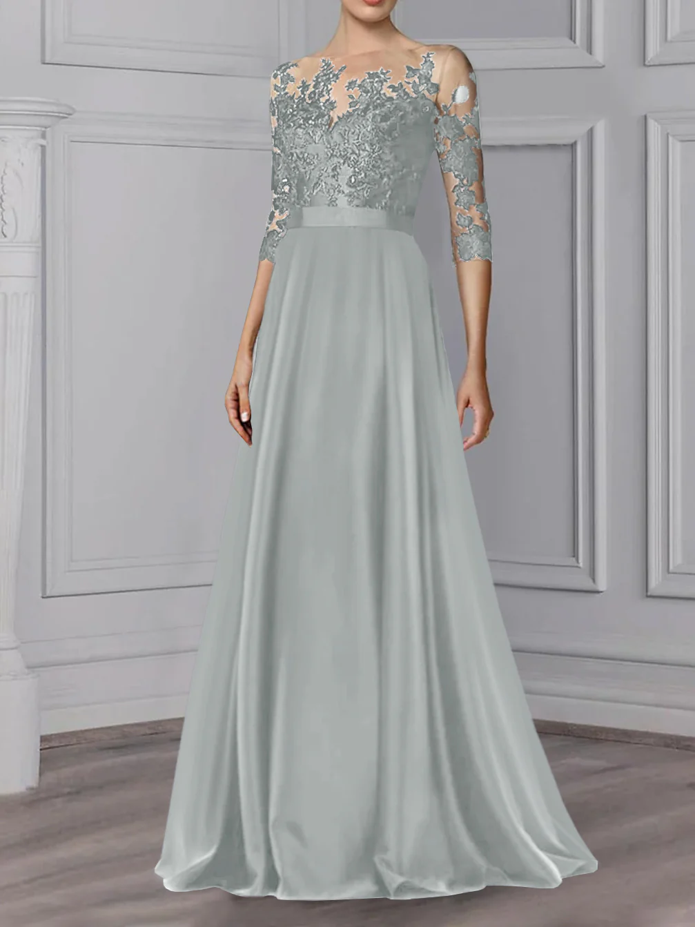 A-Line/Princess Jewel Neck 3/4 Length Sleeves Floor-Length Mother of the Bride Dresses - Image 13