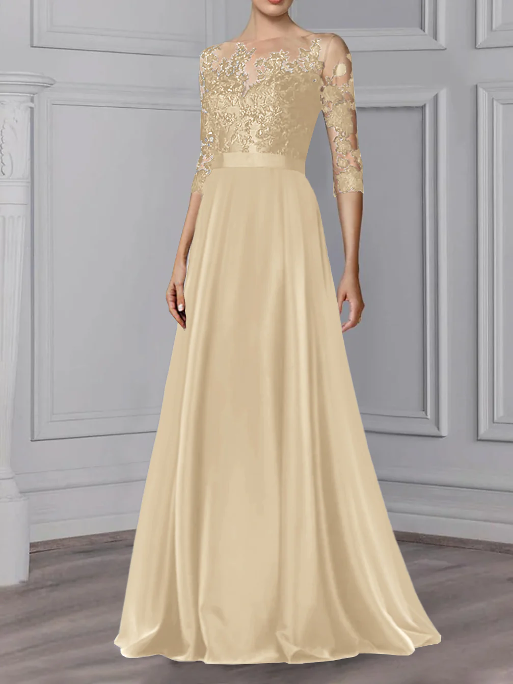 A-Line/Princess Jewel Neck 3/4 Length Sleeves Floor-Length Mother of the Bride Dresses - Image 23