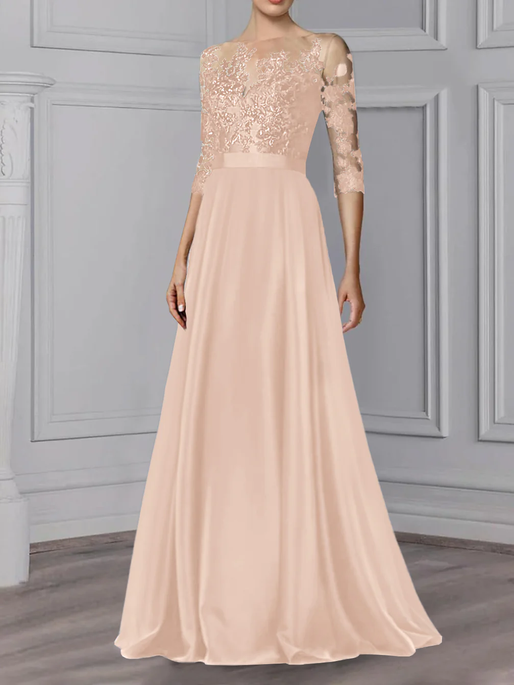 A-Line/Princess Jewel Neck 3/4 Length Sleeves Floor-Length Mother of the Bride Dresses - Image 27