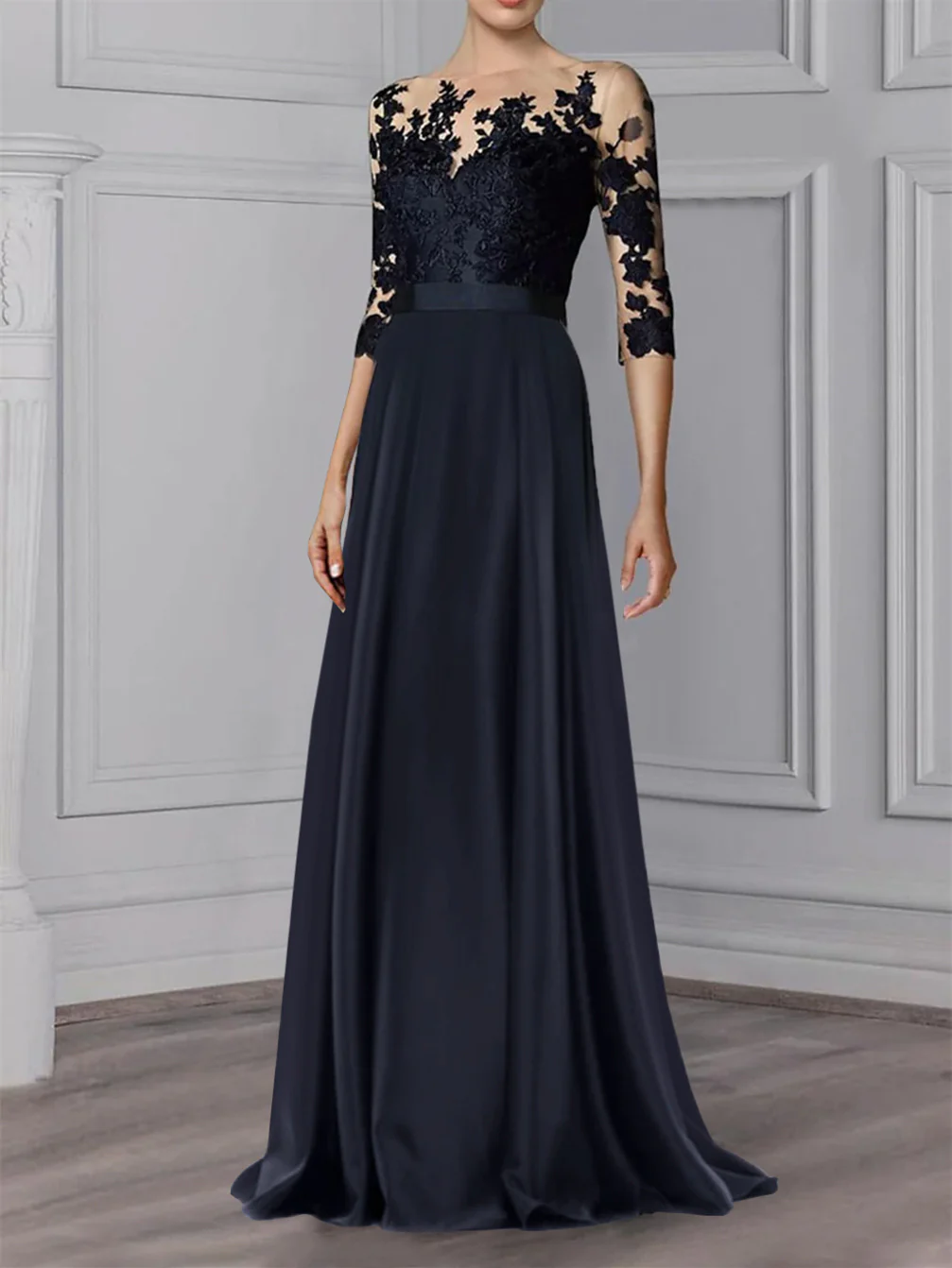 A-Line/Princess Jewel Neck 3/4 Length Sleeves Floor-Length Mother of the Bride Dresses - Image 4