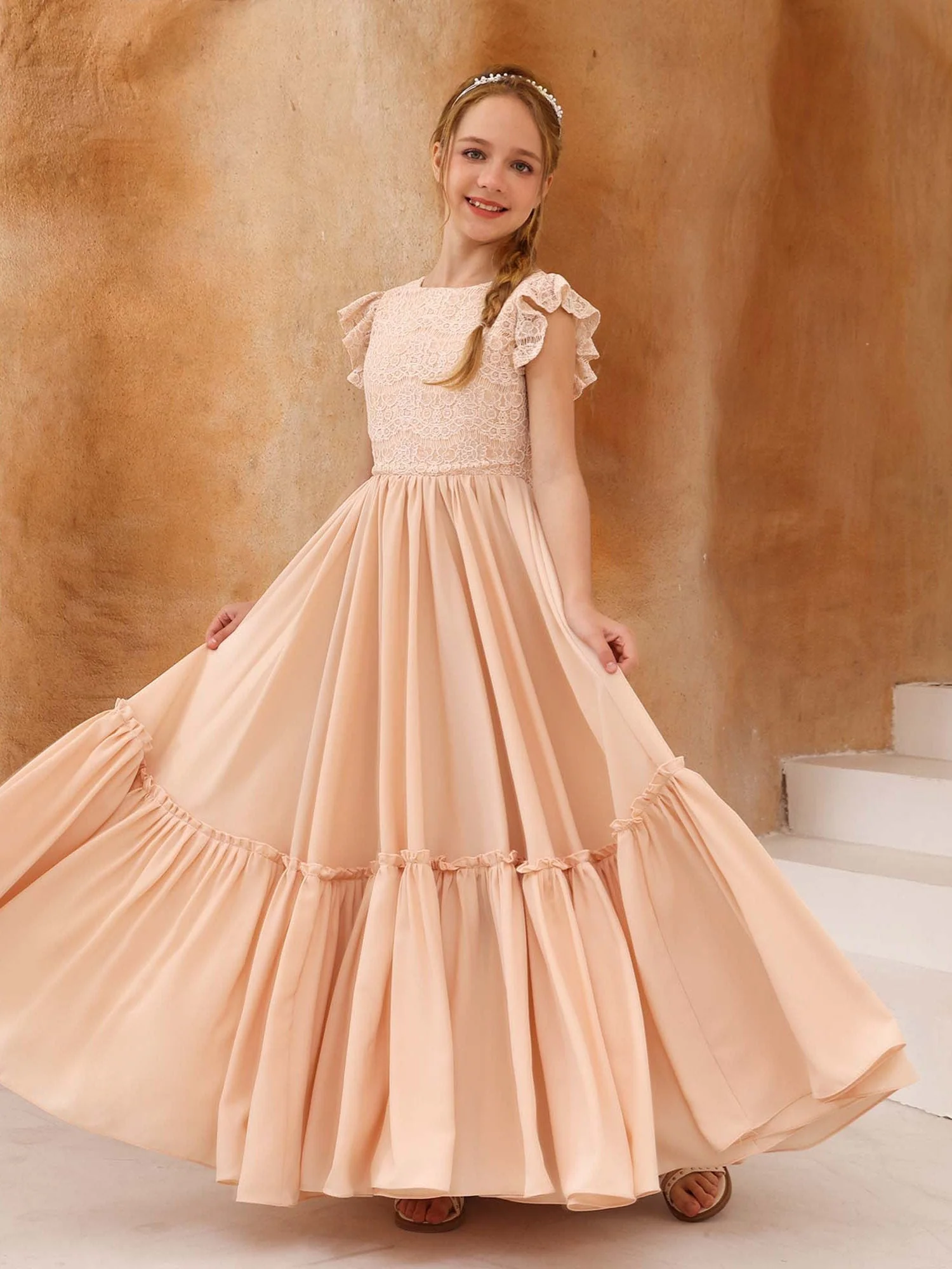 A-Line/Princess Lace Short Sleeves Scoop Neck Floor-Length Flower Girl Dresses - Image 6