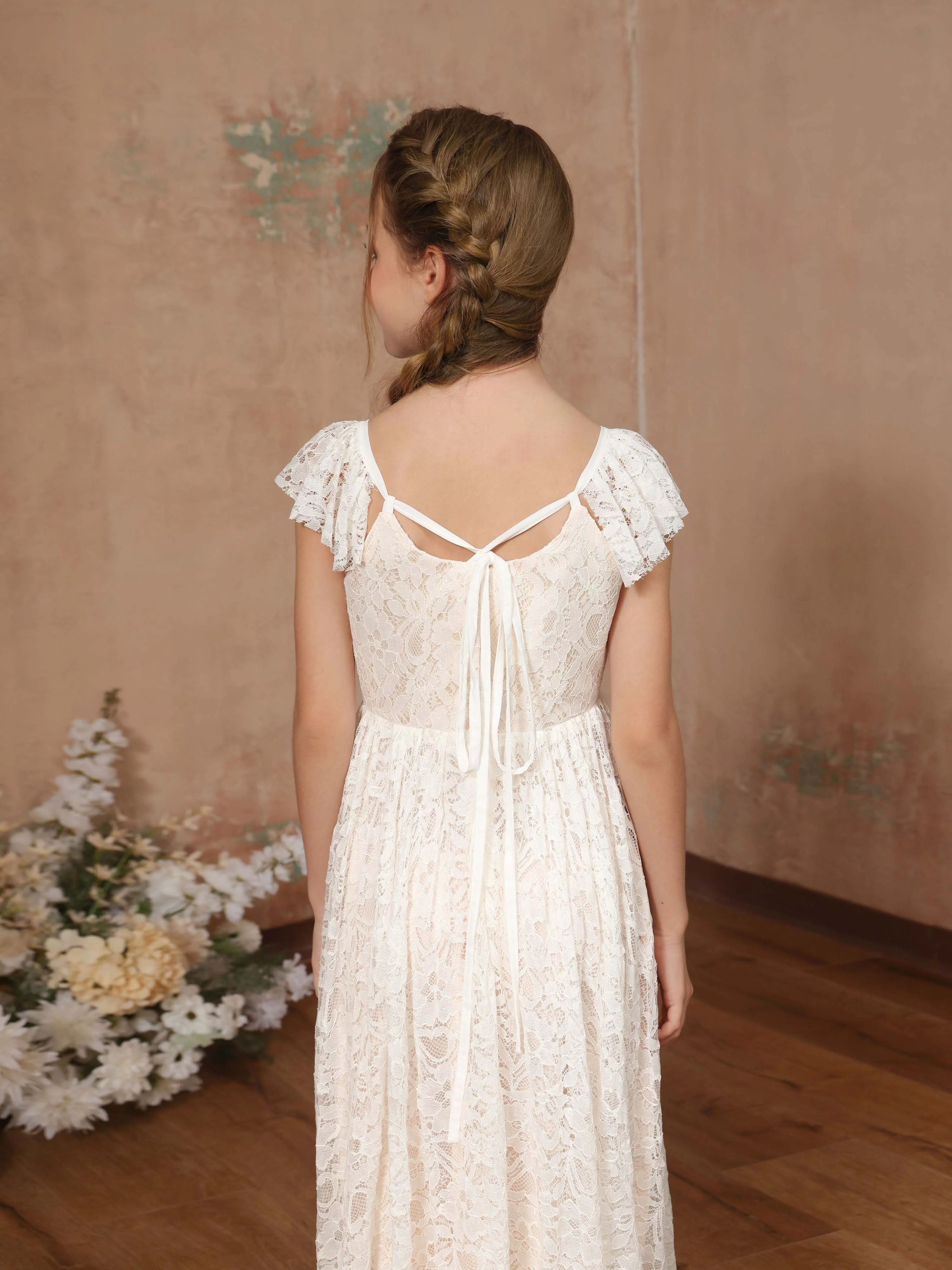A-Line/Princess Lace Short Sleeves Square Neck Floor-Length Flower Girl Dresses - Image 8