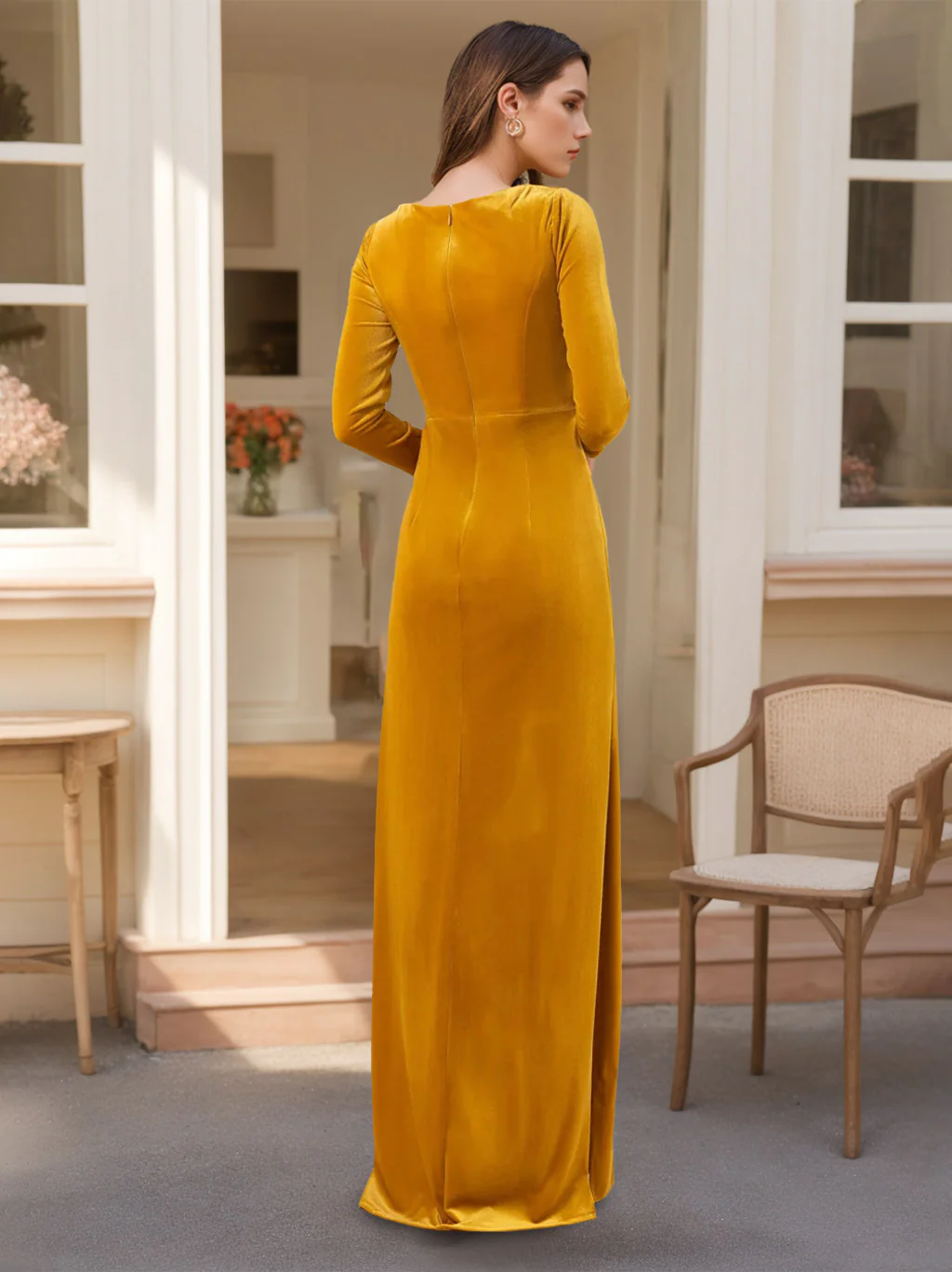 A-Line/Princess Long Sleeves Floor-Length Velvet Bridesmaid Dresses with Ruffles - Image 2