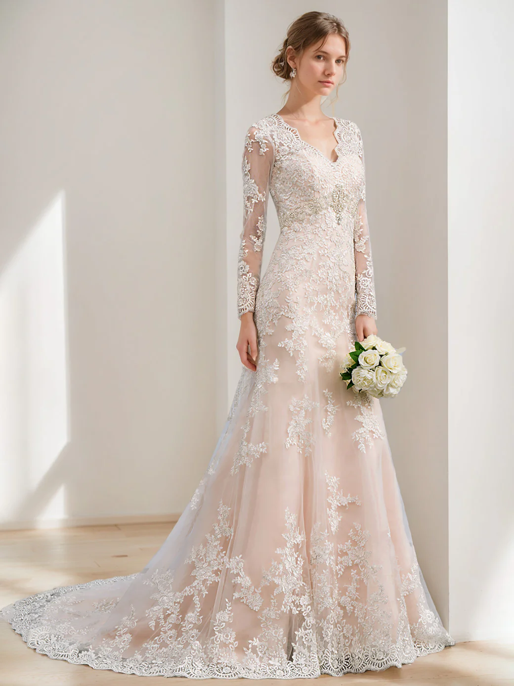 A-Line/Princess Long Sleeves Floor Length Wedding Dress with Appliques - Image 3