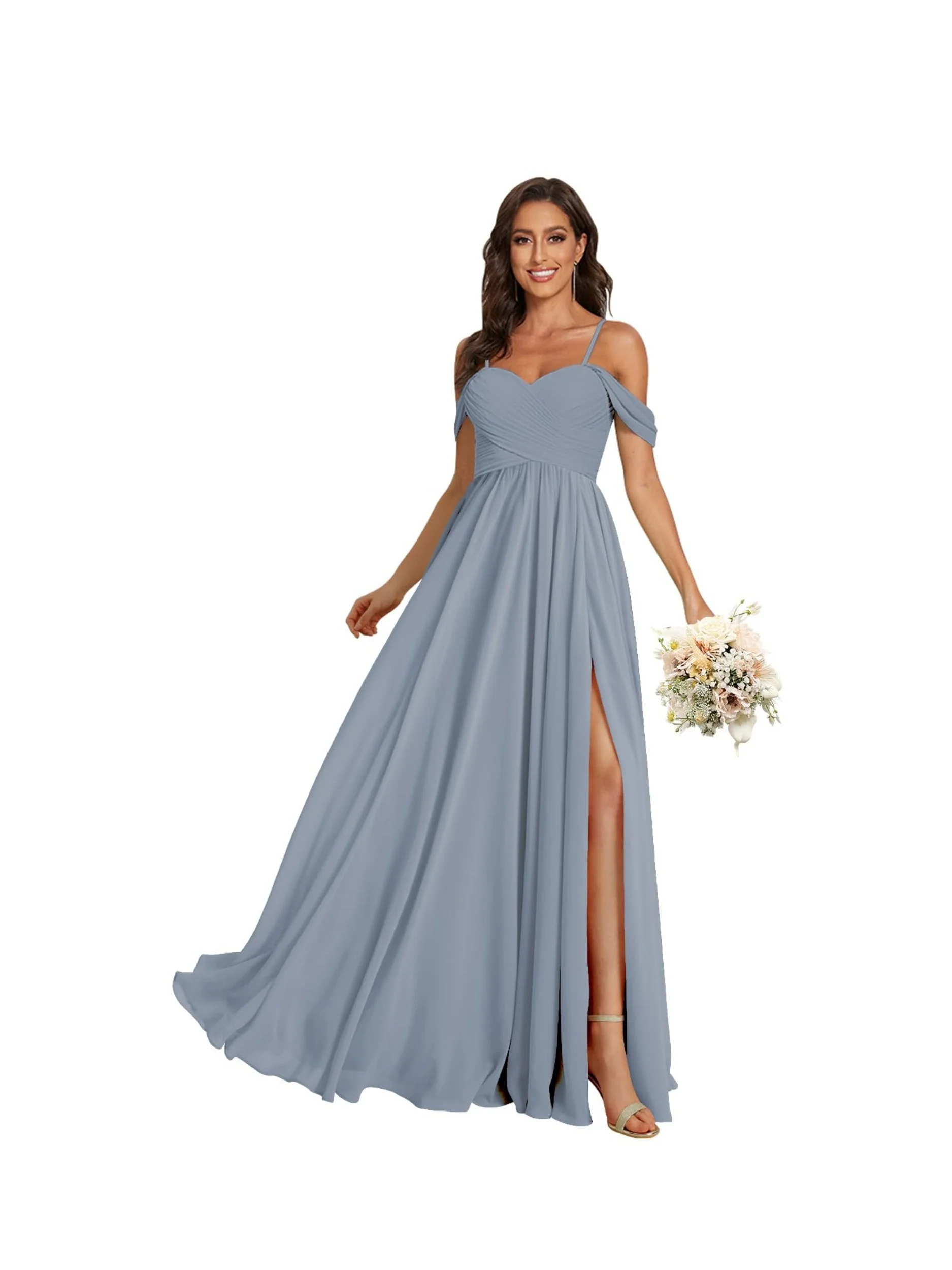 A-Line/Princess Off Shoulder Sweetheart Sleeveless Floor Length Bridesmaid Dresses Chiffon with Pockets Slit - Image 12