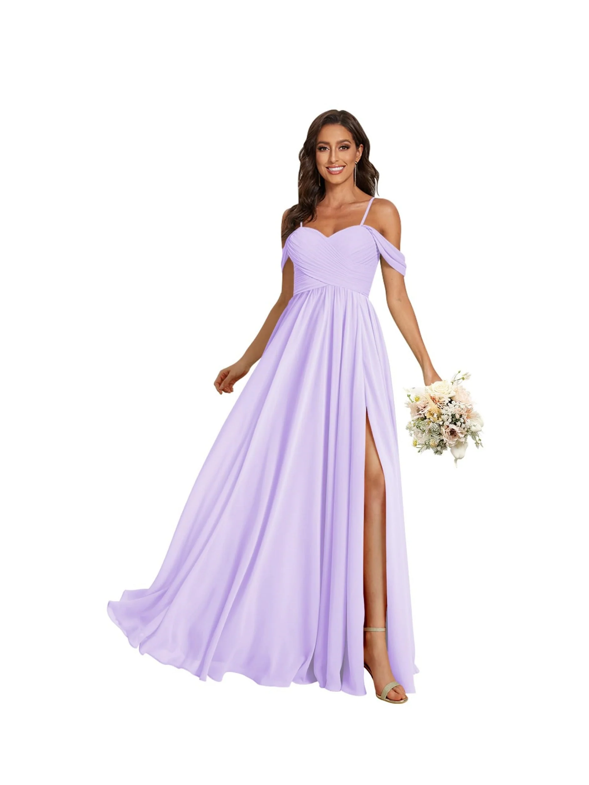 A-Line/Princess Off Shoulder Sweetheart Sleeveless Floor Length Bridesmaid Dresses Chiffon with Pockets Slit - Image 24