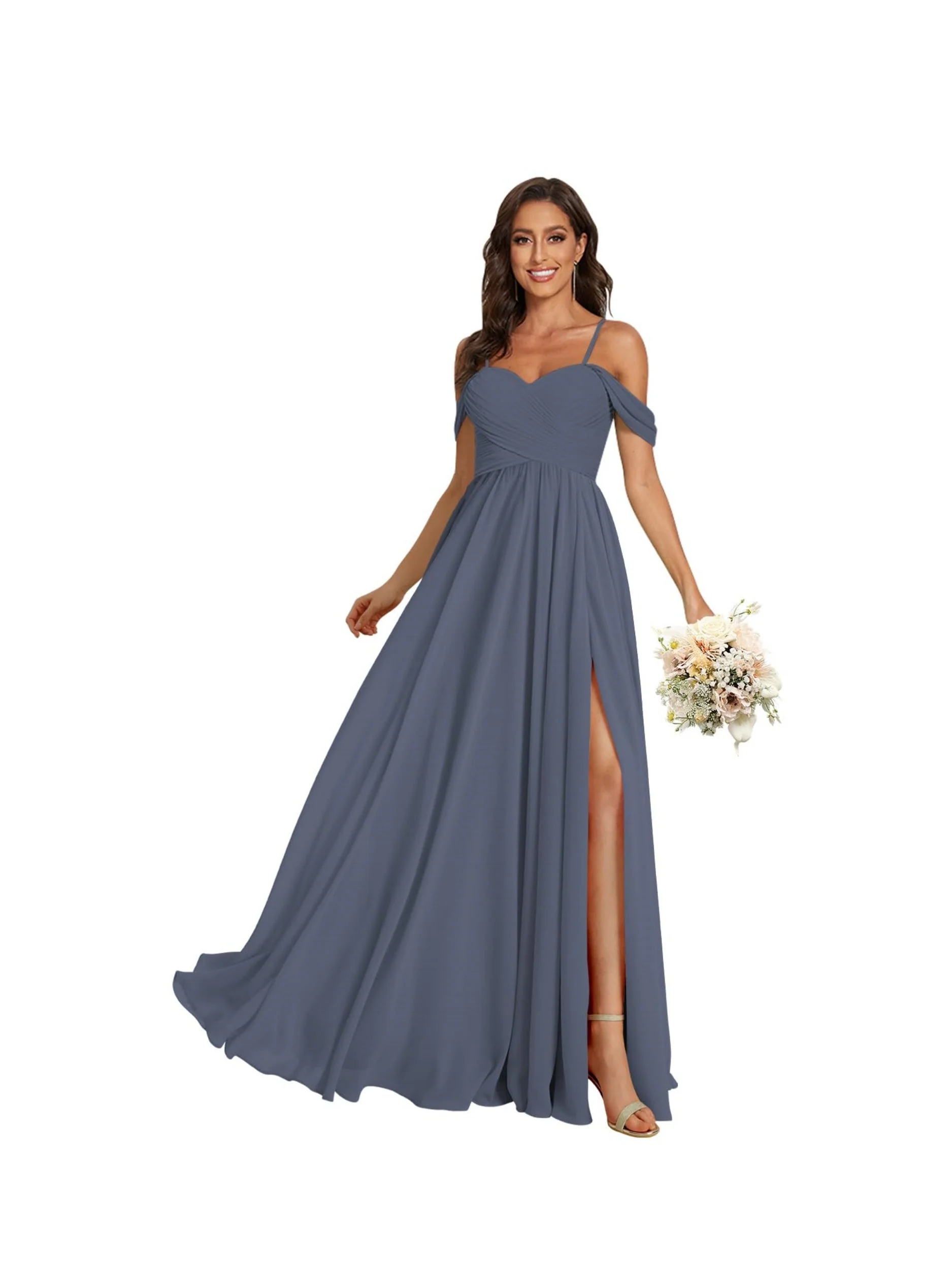 A-Line/Princess Off Shoulder Sweetheart Sleeveless Floor Length Bridesmaid Dresses Chiffon with Pockets Slit - Image 26