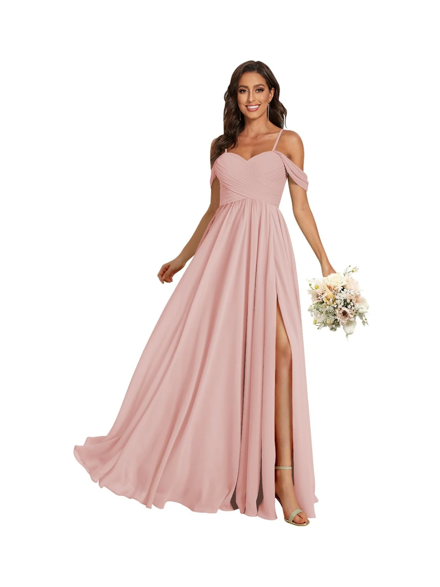 A-Line/Princess Off Shoulder Sweetheart Sleeveless Floor Length Bridesmaid Dresses Chiffon with Pockets Slit - Image 28