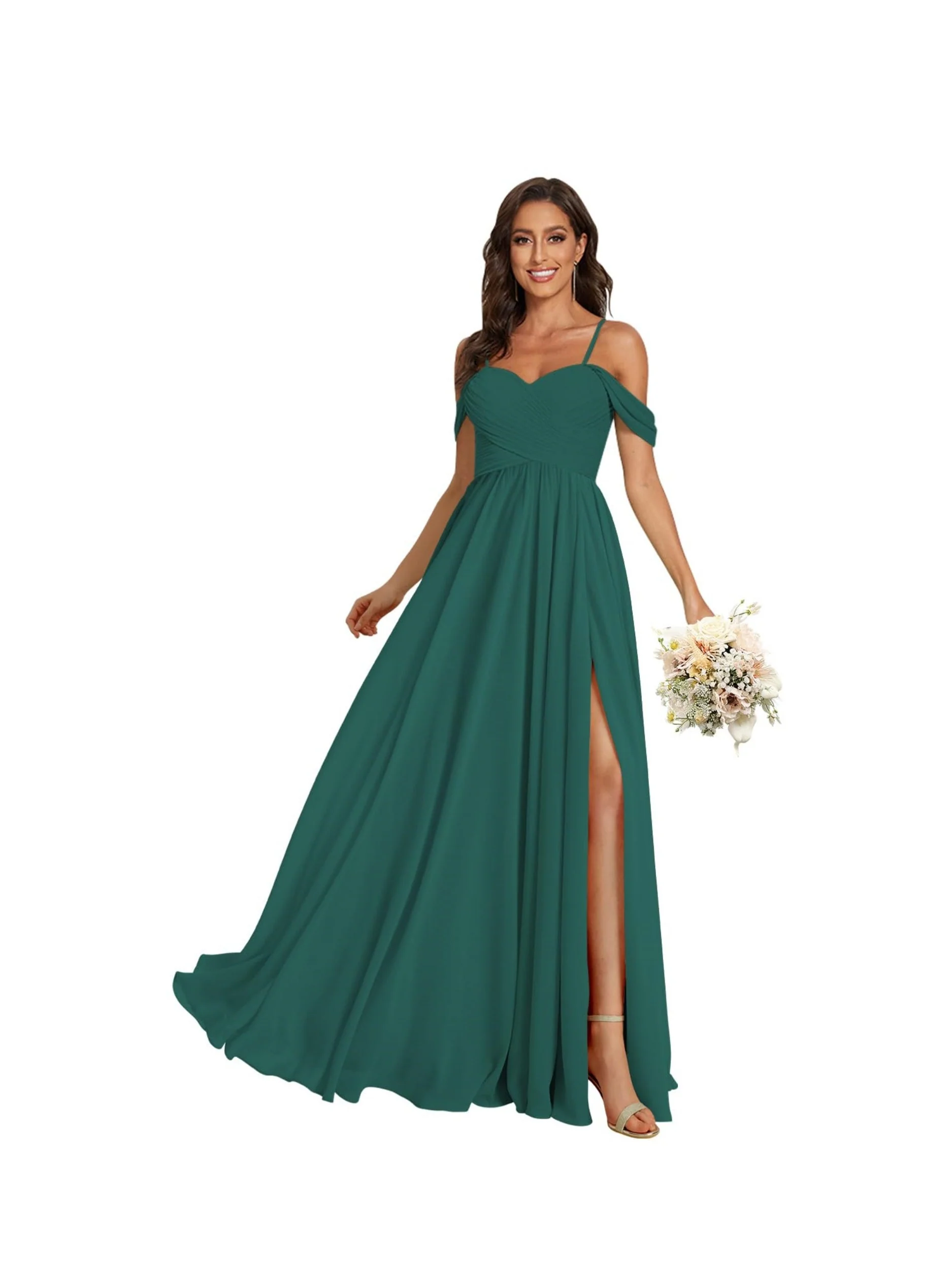 A-Line/Princess Off Shoulder Sweetheart Sleeveless Floor Length Bridesmaid Dresses Chiffon with Pockets Slit - Image 29