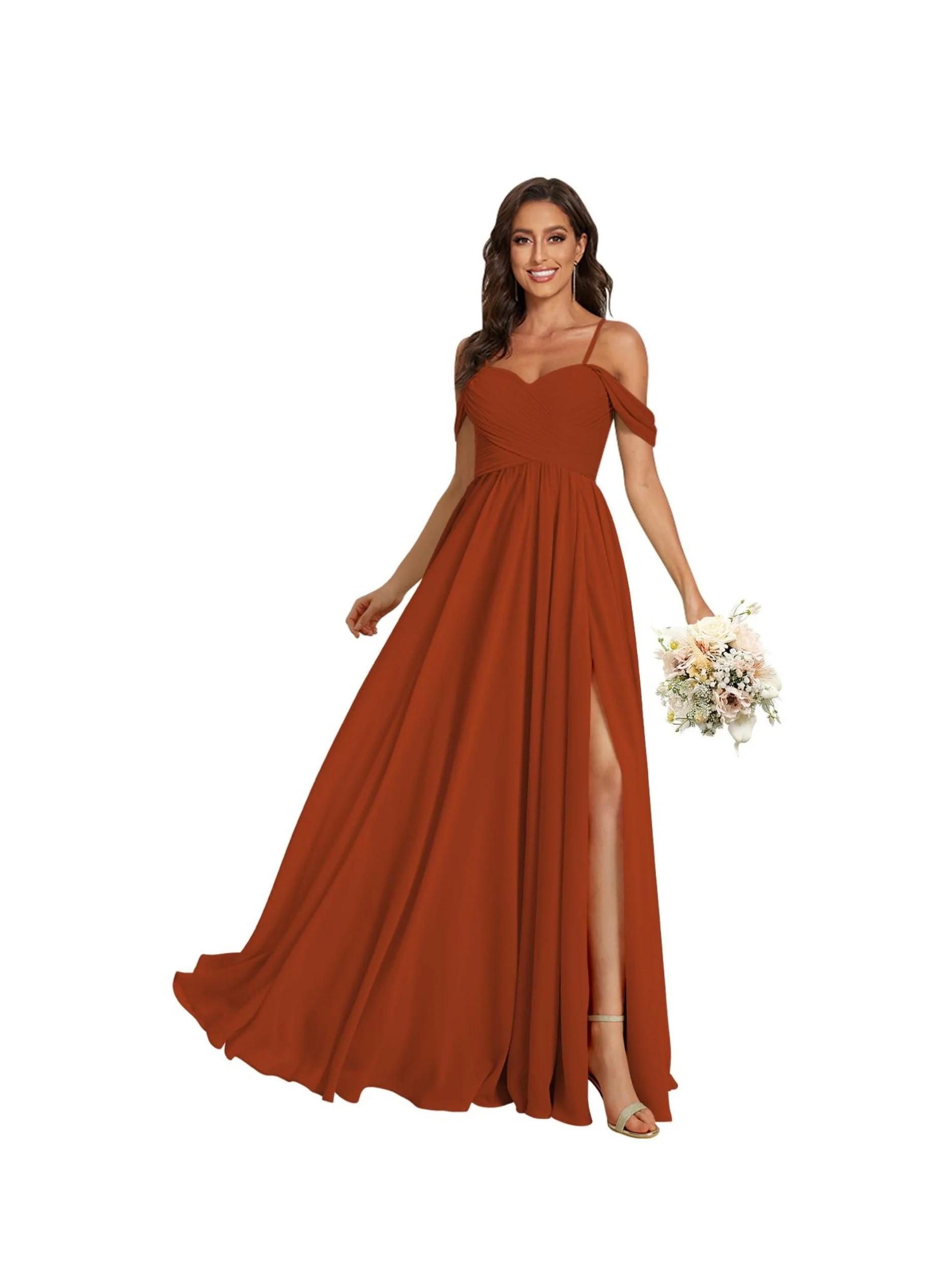A-Line/Princess Off Shoulder Sweetheart Sleeveless Floor Length Bridesmaid Dresses Chiffon with Pockets Slit - Image 44