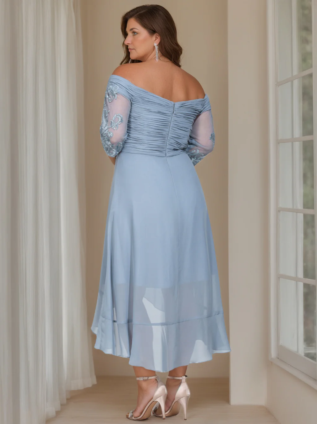 A-Line/Princess Off-the-Shoulder 3/4 Length Sleeves Asymmetrical Plus Size Mother of the Bride Dresses with Sequins - Image 2