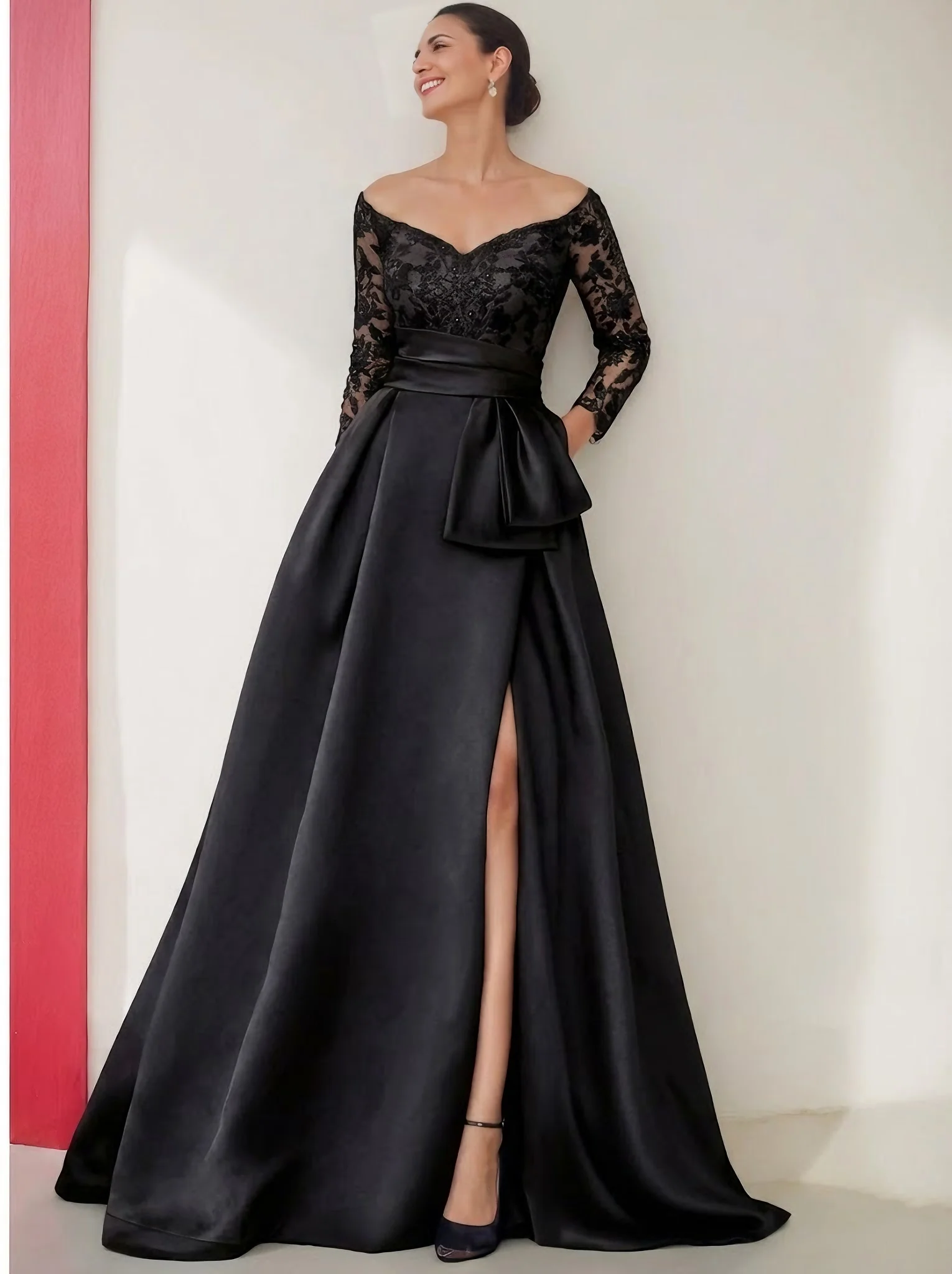 A-Line/Princess Off-the-Shoulder 3/4 Length Sleeves Floor-Length Mother of the Bride Dresses with Split Side - Image 3