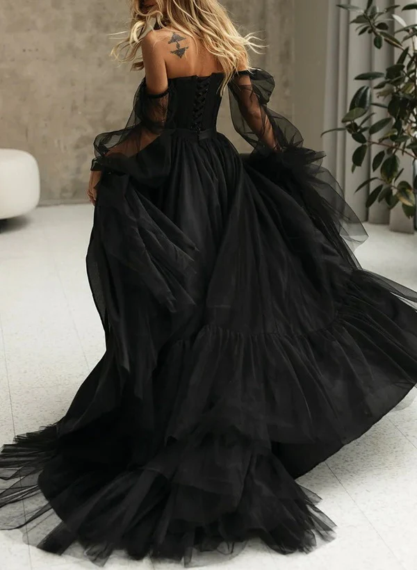 A-line/Princess Off-the-Shoulder 3/4 Sleeves Asymmetrical Black Wedding Dresses with Lace-up - Image 2