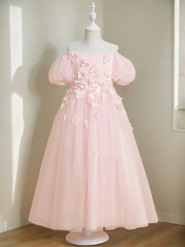 A-Line/Princess Off-the-Shoulder Ankle-Length Flower Girl Dress with Beads & 3D Flowers - Image 3