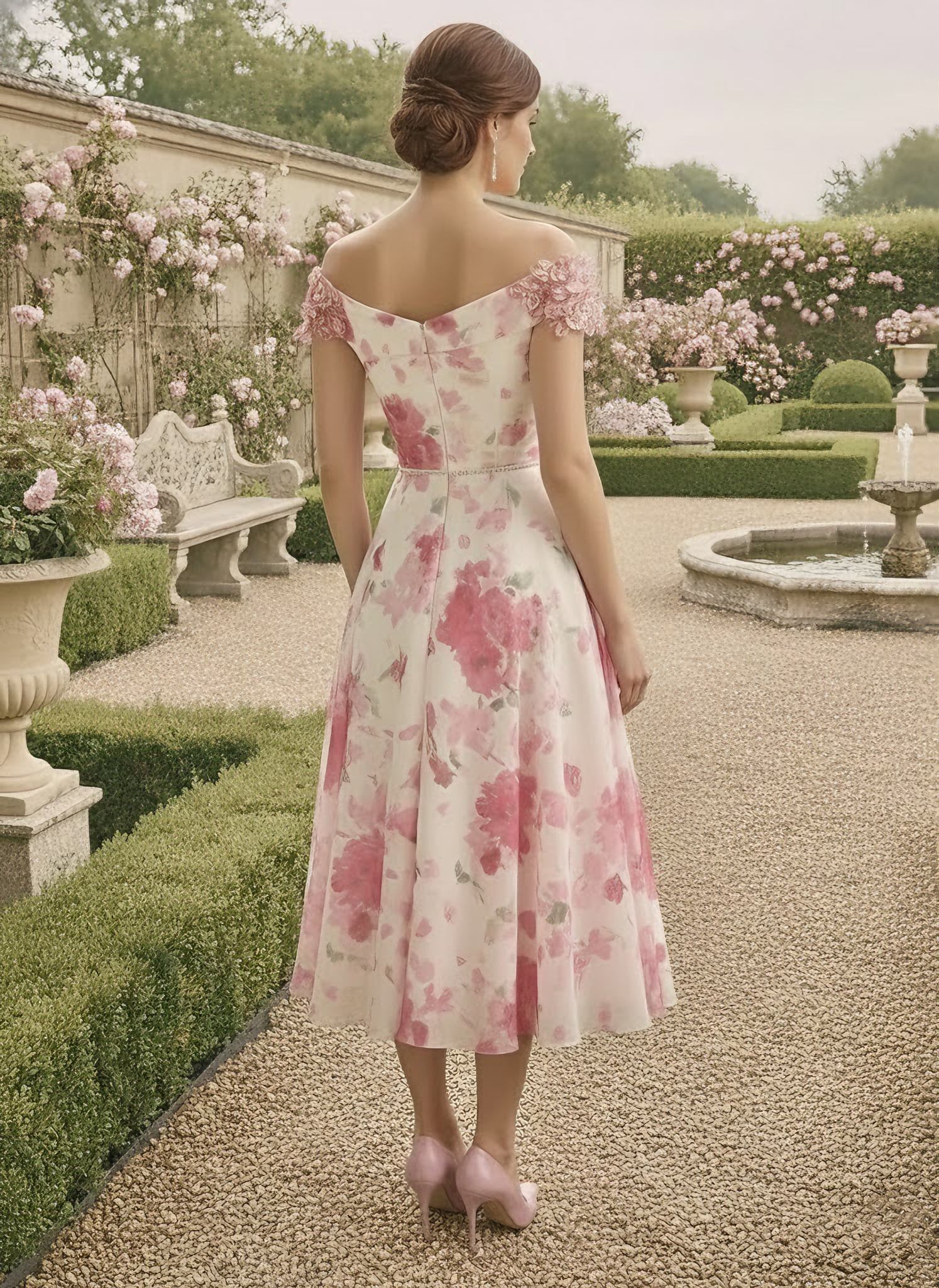 A-Line/Princess Off-the-Shoulder Chiffon Mother of the Bride Dresses Sleeveless Floral Tea-Length - Image 2