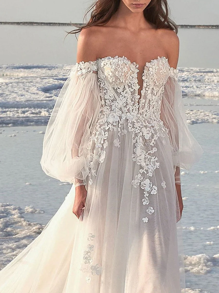 A-Line/Princess Off-the-Shoulder Court Train Wedding Dress for Beaching Wedding - Image 2