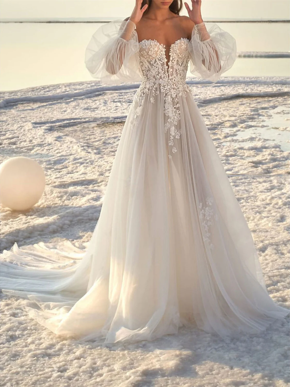 A-Line/Princess Off-the-Shoulder Court Train Wedding Dress for Beaching Wedding - Image 3