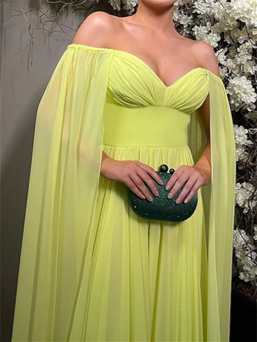 A-Line/Princess Off-the-Shoulder Floor-Length Evening Dress with Watteau Train - Image 3