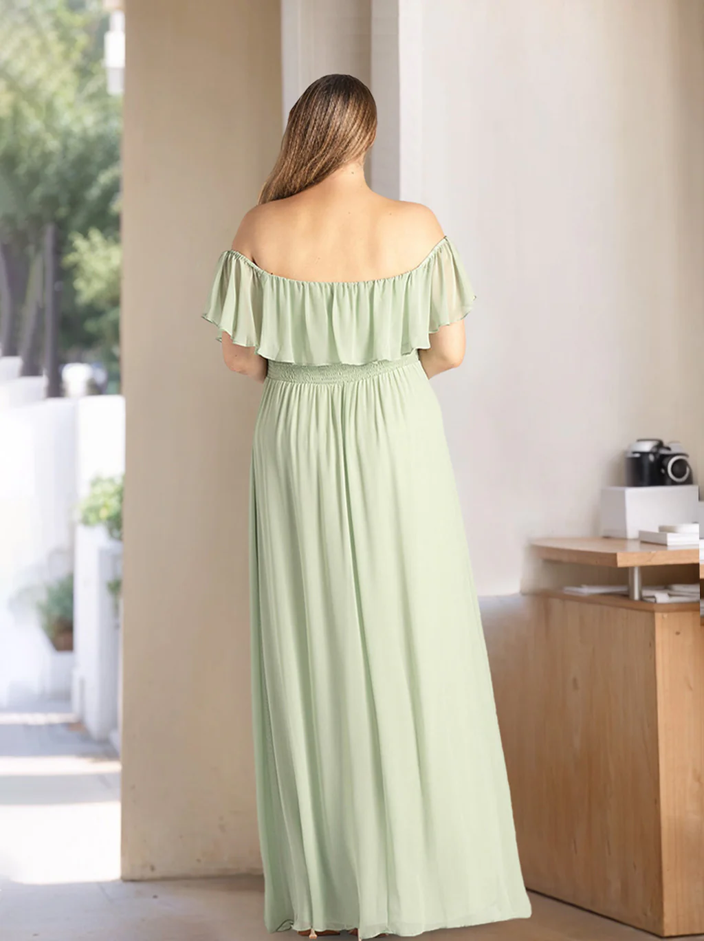 A-Line/Princess Off-the-Shoulder Floor-Length Plus Size Chiffon Bridesmaid Dresses with Ruffles - Image 2