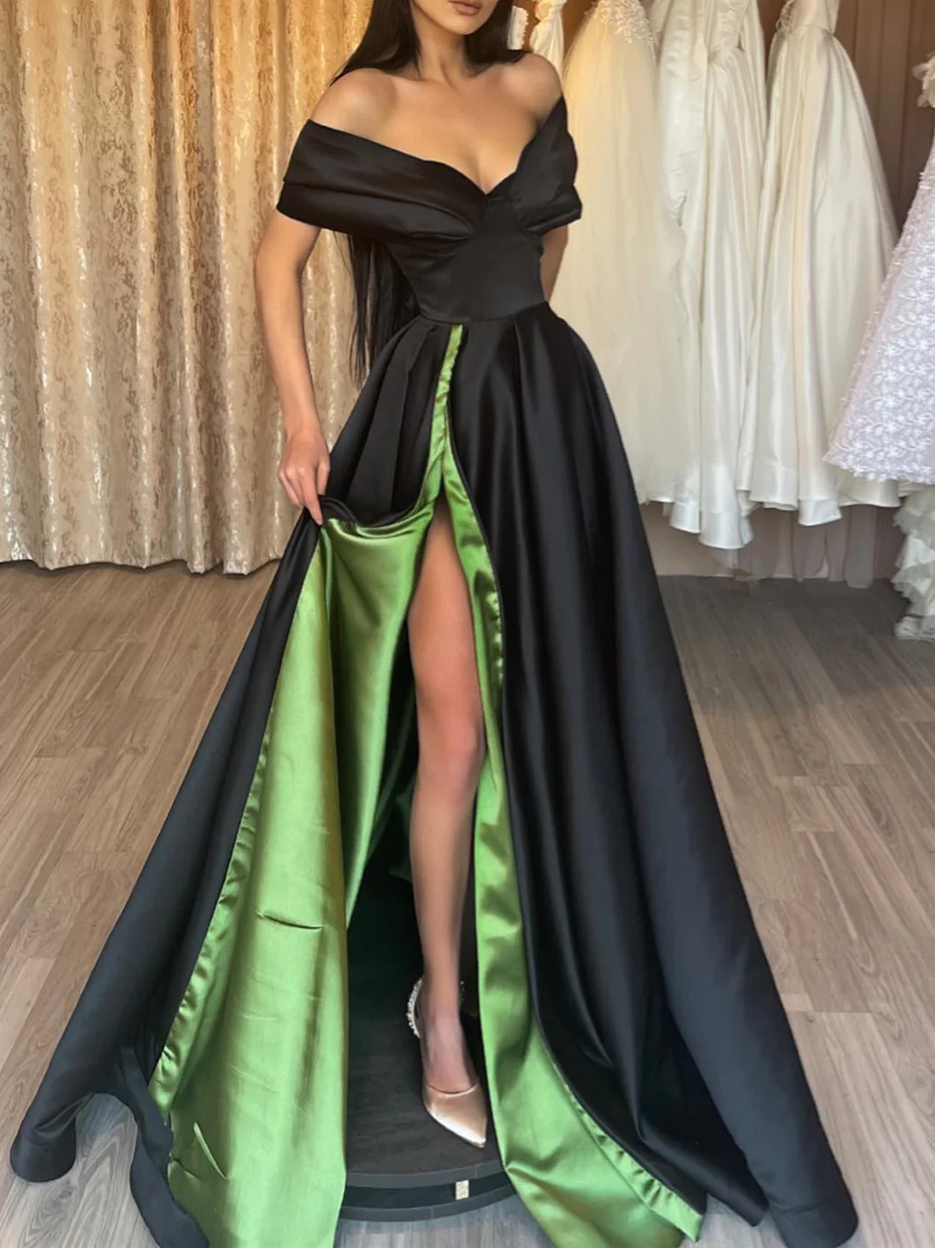 A-Line/Princess Off-the-Shoulder Evening Dresses Floor-length Prom Dresses with Split Side - Image 3