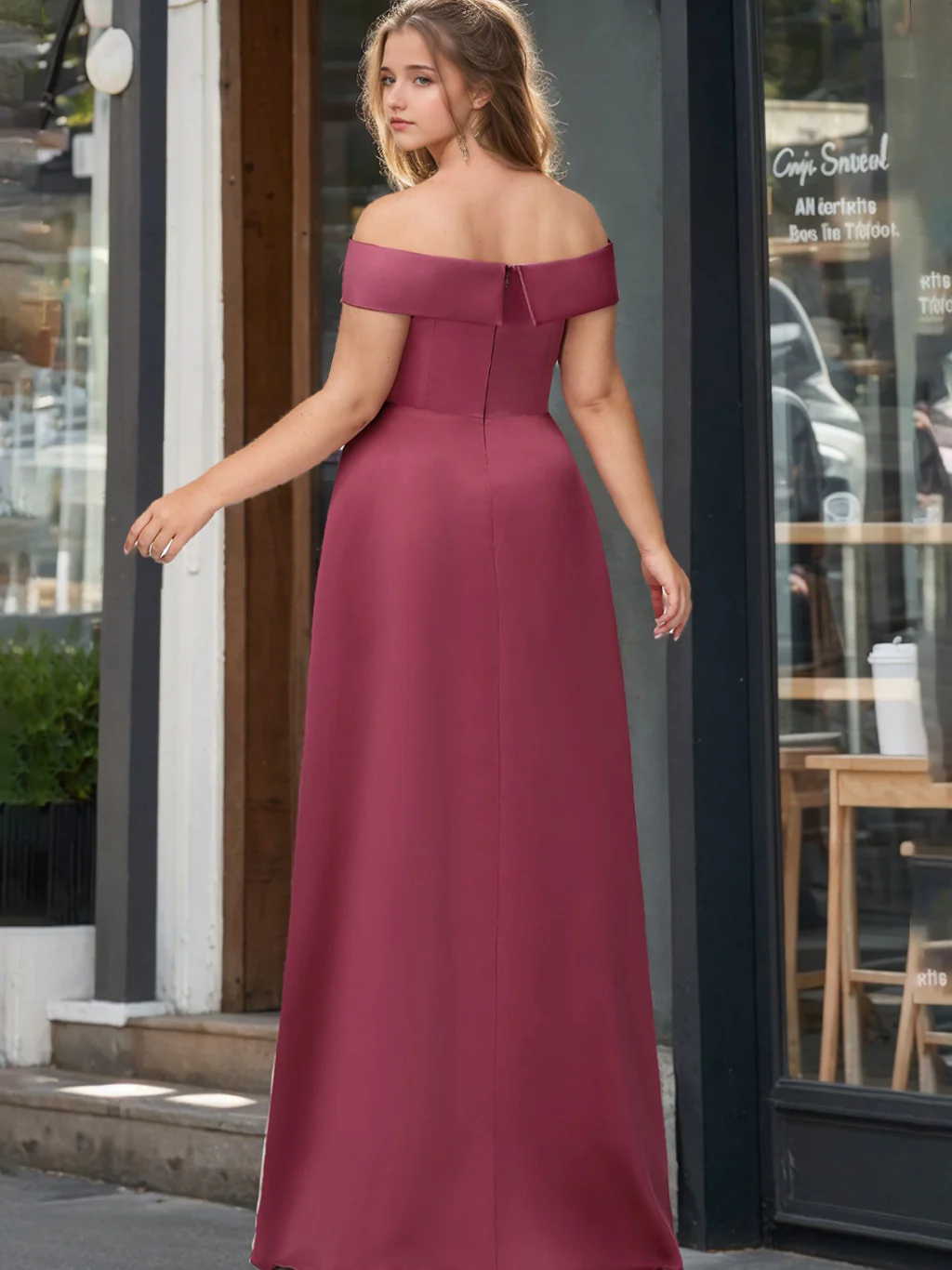 A-Line/Princess Off-the-Shoulder Floor-Length Satin Plus Size Bridesmaid Dresses with Split Side - Image 2