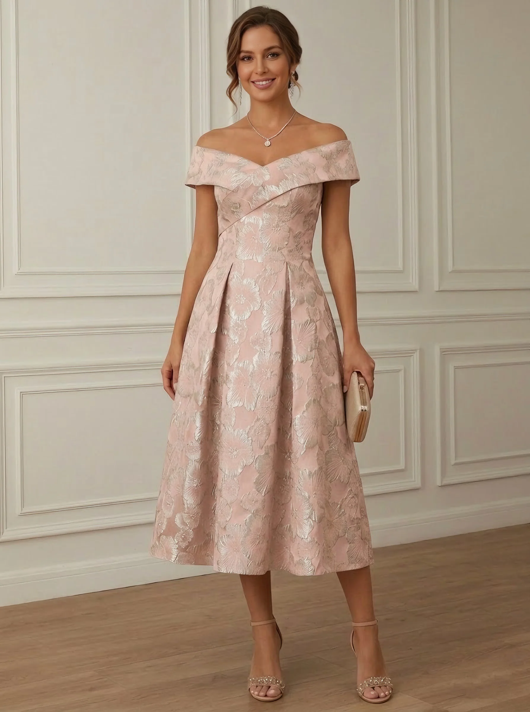A-Line/Princess Off-the-Shoulder Jacquard Cocktail Dresses Tea-Length Sleeveless Floral Formal Dresses - Image 3
