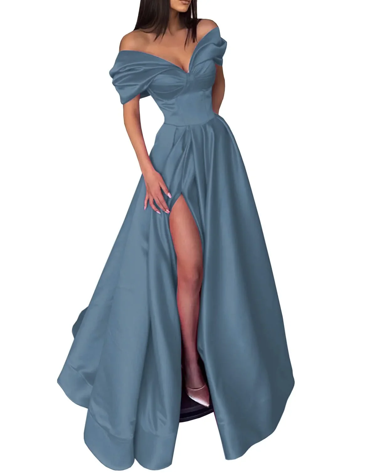 A-Line/Princess Off-the-Shoulder Evening Dresses Satin Prom Party Dress With Split Side - Image 3