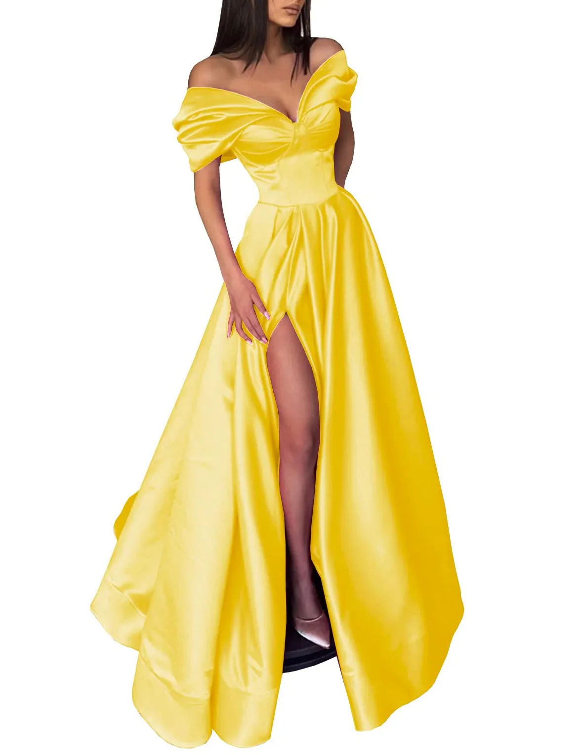 A-Line/Princess Off-the-Shoulder Evening Dresses Satin Prom Party Dress With Split Side - Image 4