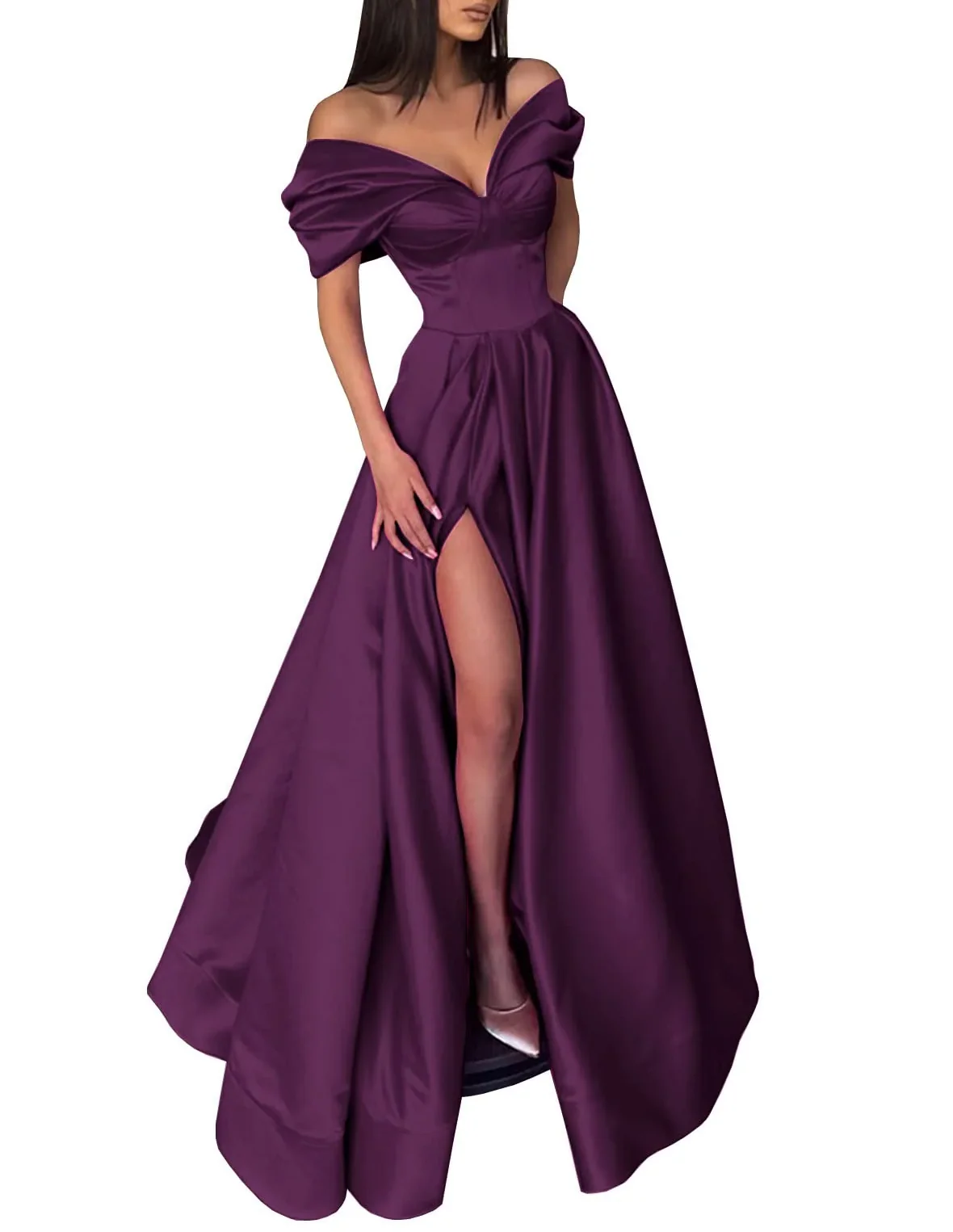 A-Line/Princess Off-the-Shoulder Evening Dresses Satin Prom Party Dress With Split Side - Image 5