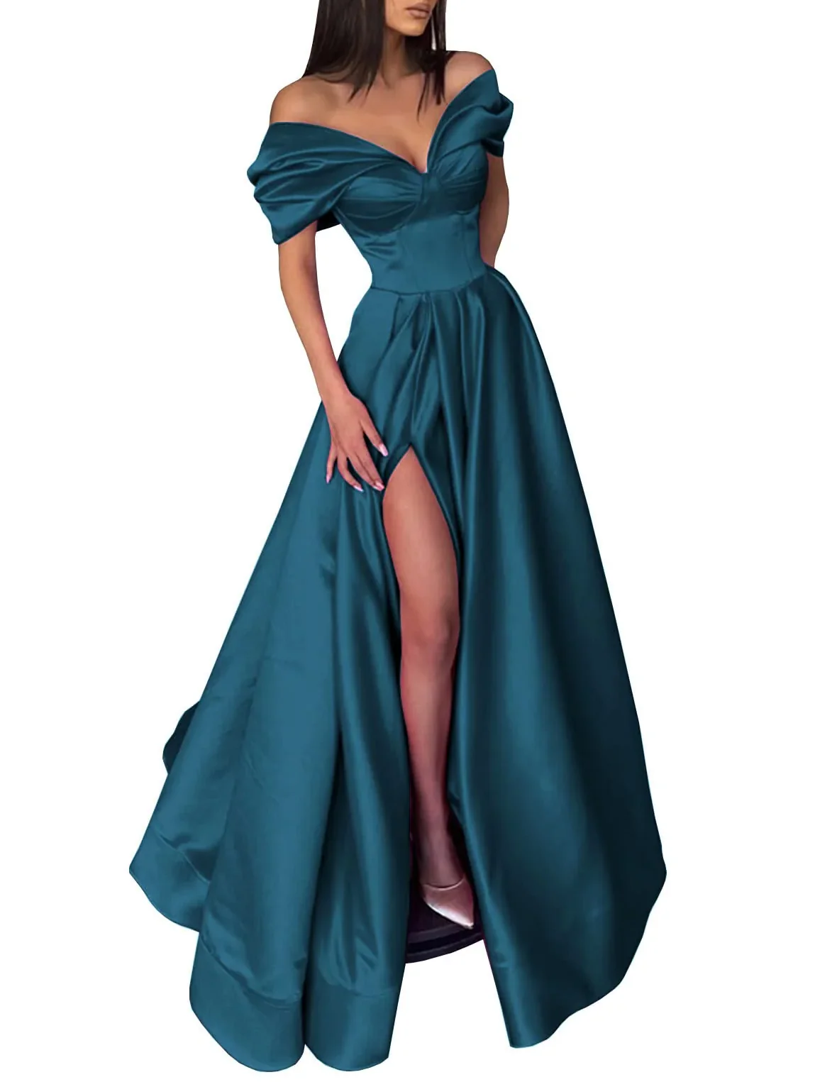 A-Line/Princess Off-the-Shoulder Evening Dresses Satin Prom Party Dress With Split Side - Image 7