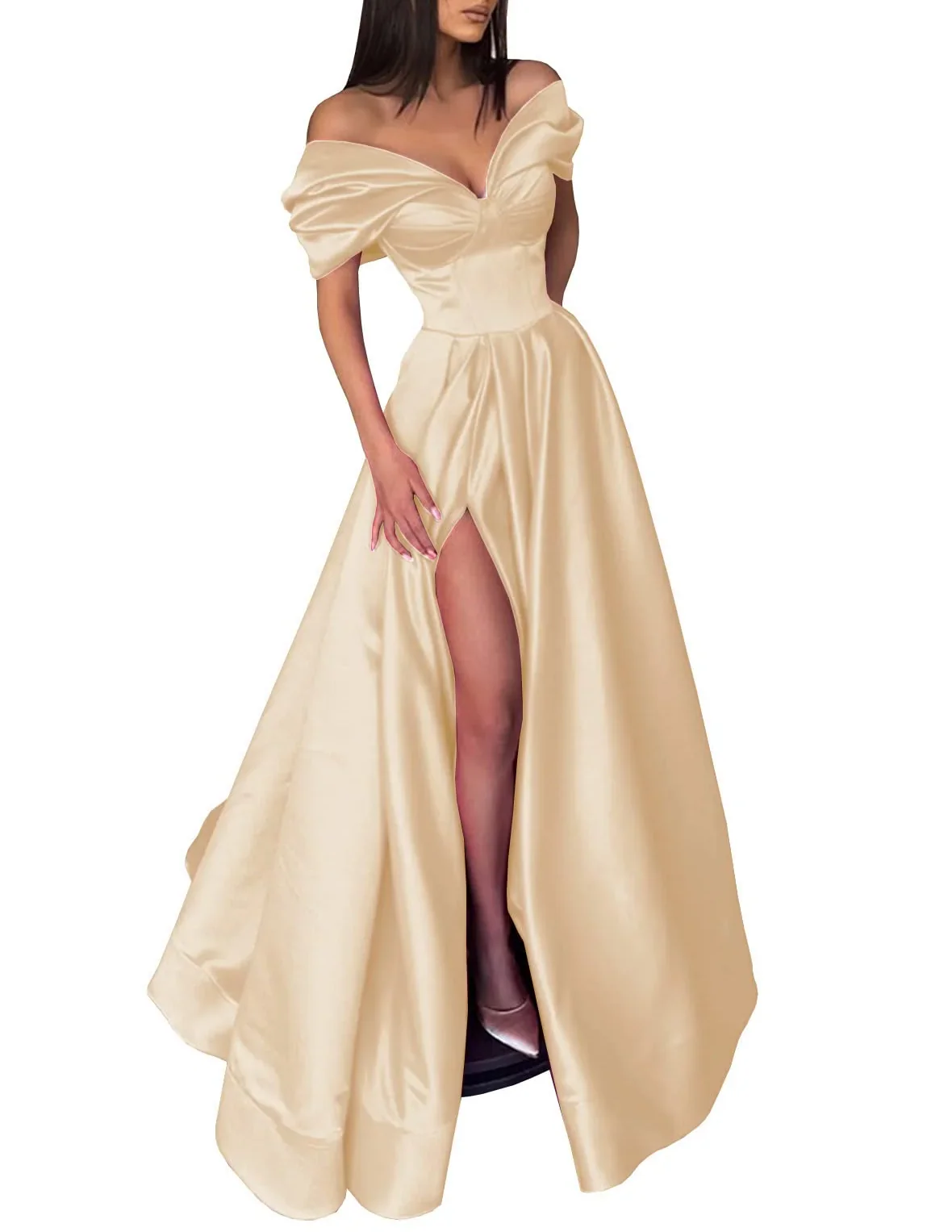 A-Line/Princess Off-the-Shoulder Evening Dresses Satin Prom Party Dress With Split Side - Image 8