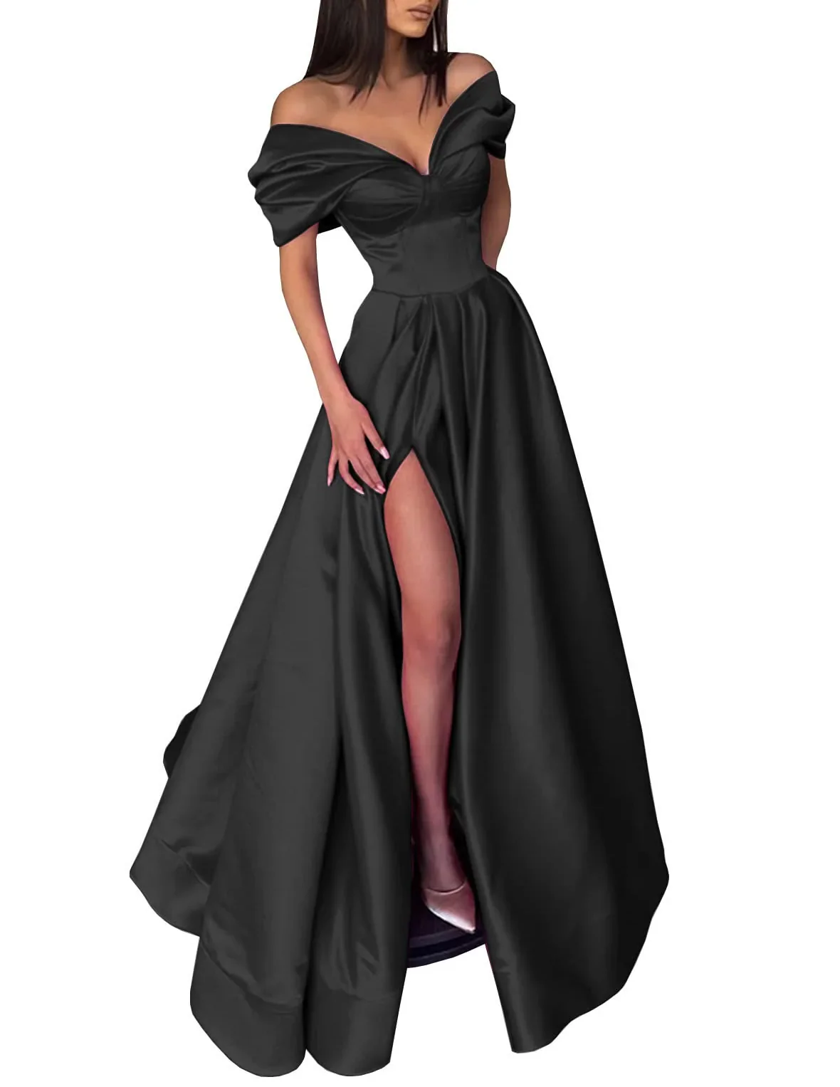 A-Line/Princess Off-the-Shoulder Evening Dresses Satin Prom Party Dress With Split Side - Image 9