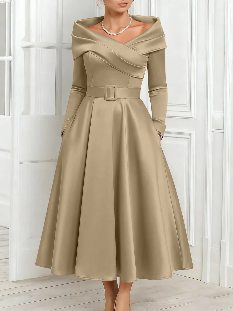 A-Line/Princess Off-the-Shoulder Mother of the Bride Dresses Stretch Satin Belt Ankle-Length Long Sleeves - Image 27