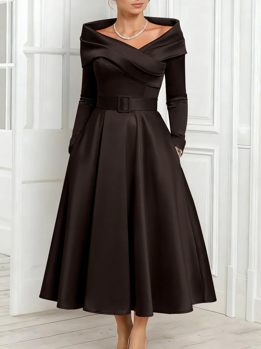 A-Line/Princess Off-the-Shoulder Mother of the Bride Dresses Stretch Satin Belt Ankle-Length Long Sleeves - Image 42