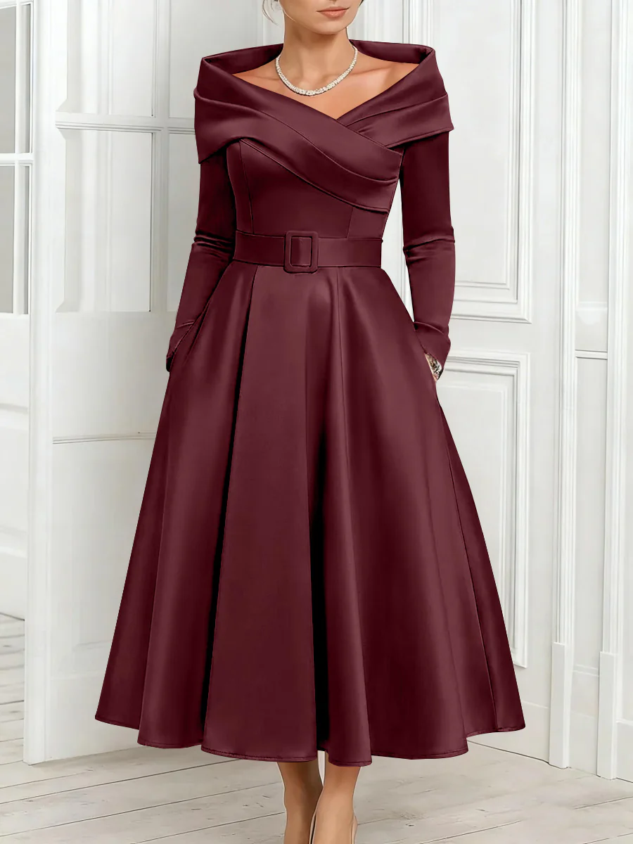 A-Line/Princess Off-the-Shoulder Mother of the Bride Dresses Stretch Satin Belt Ankle-Length Long Sleeves - Image 44