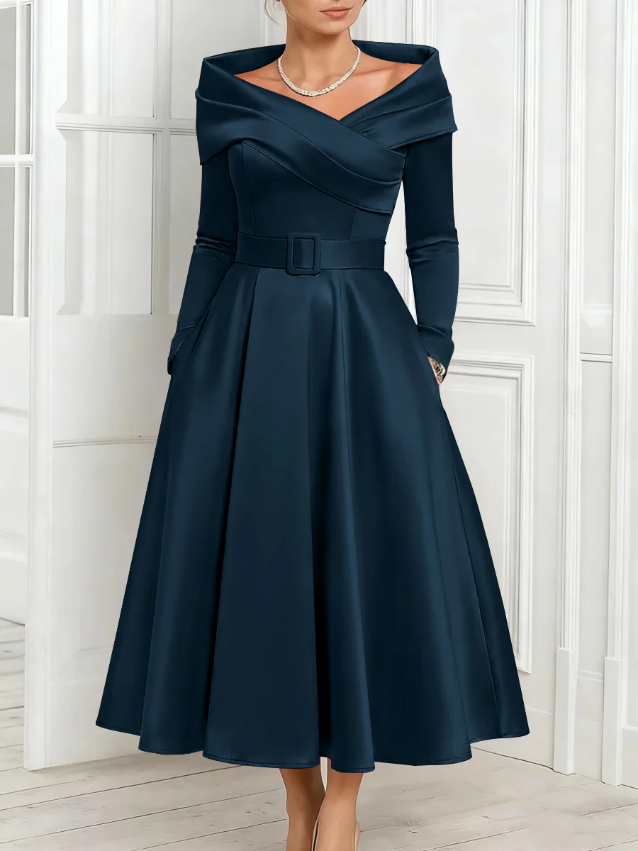 A-Line/Princess Off-the-Shoulder Mother of the Bride Dresses Stretch Satin Belt Ankle-Length Long Sleeves - Image 56
