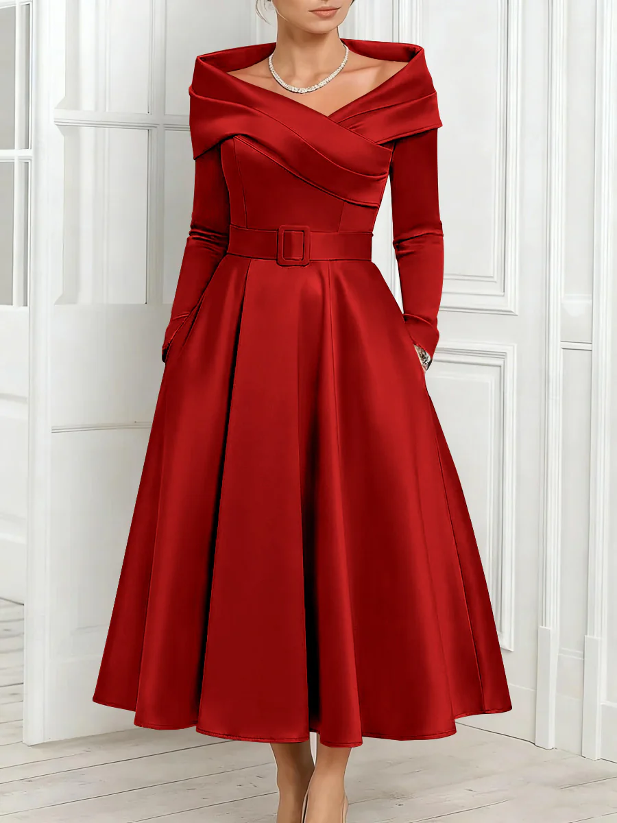 A-Line/Princess Off-the-Shoulder Mother of the Bride Dresses Stretch Satin Belt Ankle-Length Long Sleeves - Image 6