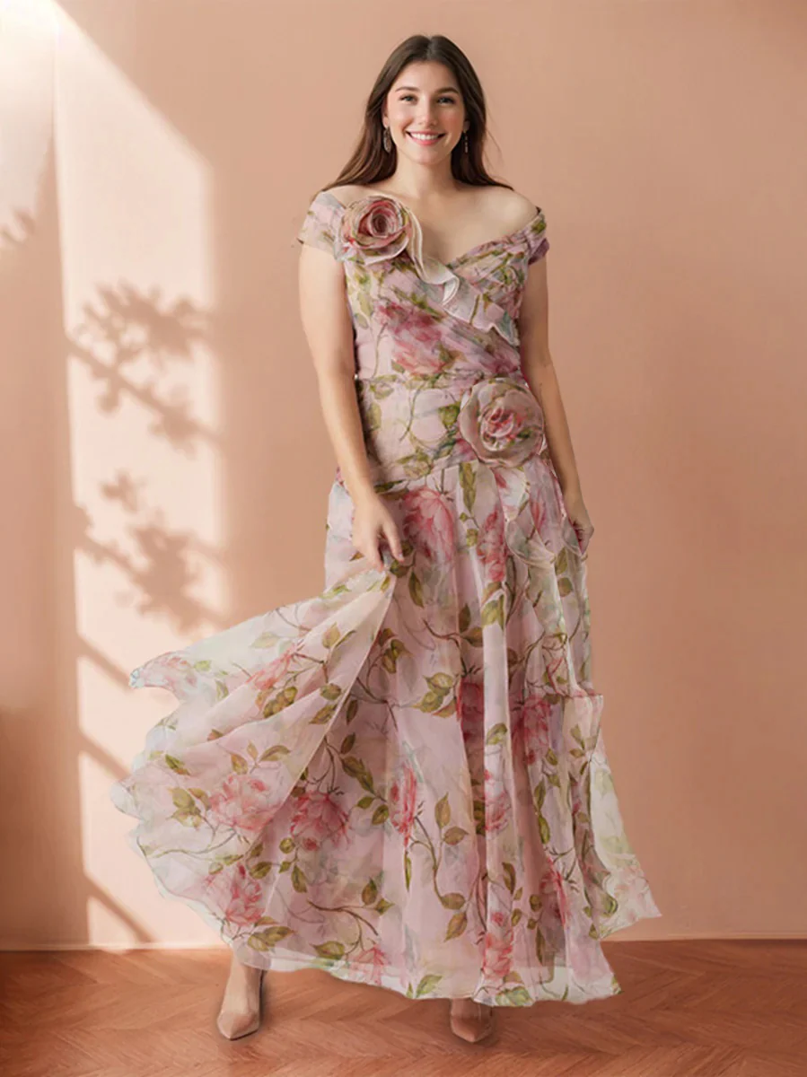 A-Line/Princess Off-the-Shoulder Printed Floral Plus Size Prom Dresses with Ruffles