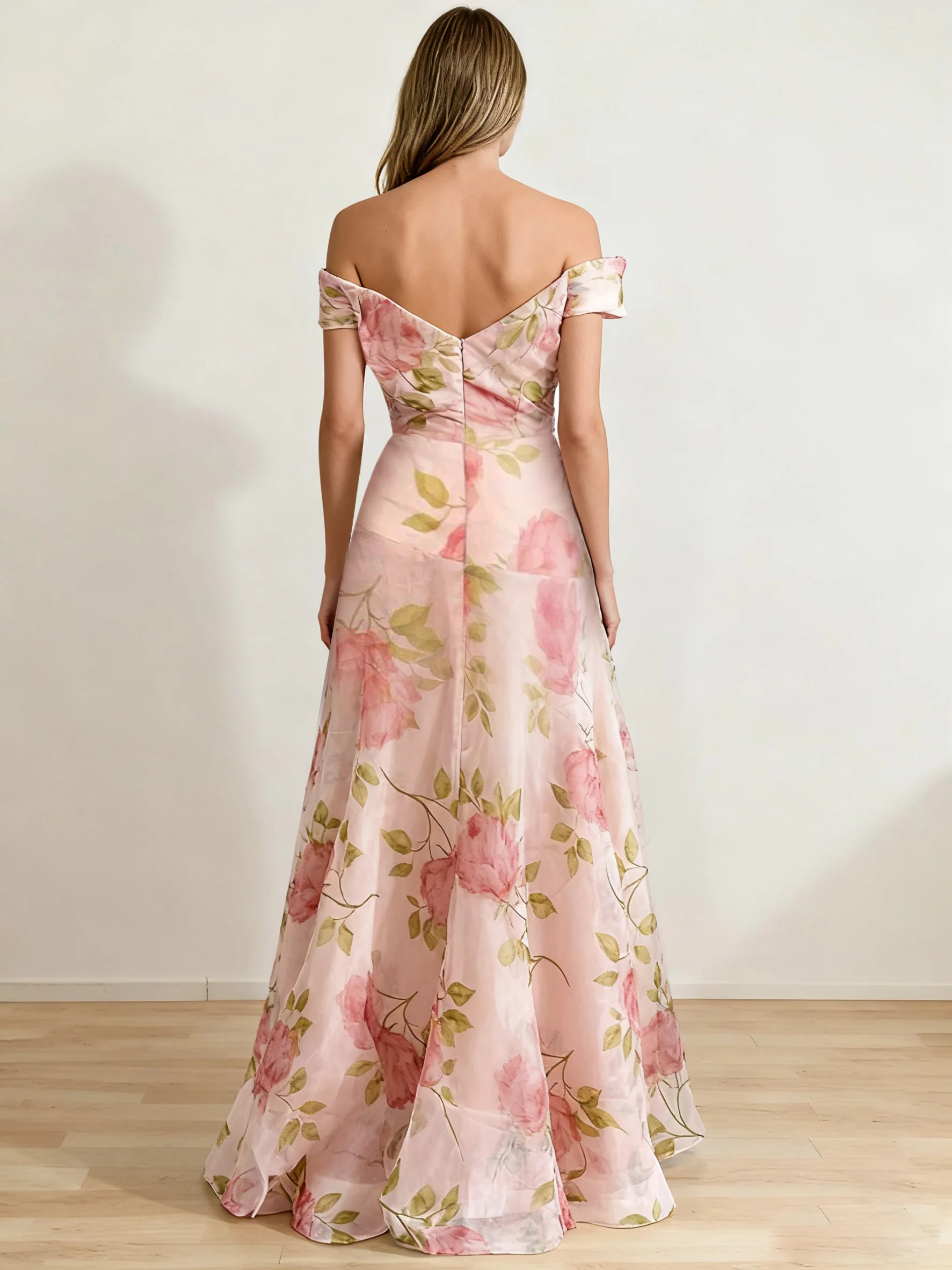 A-Line/Princess Off-the-Shoulder Printed Floral Plus Size Prom Dresses with Ruffles - Image 2