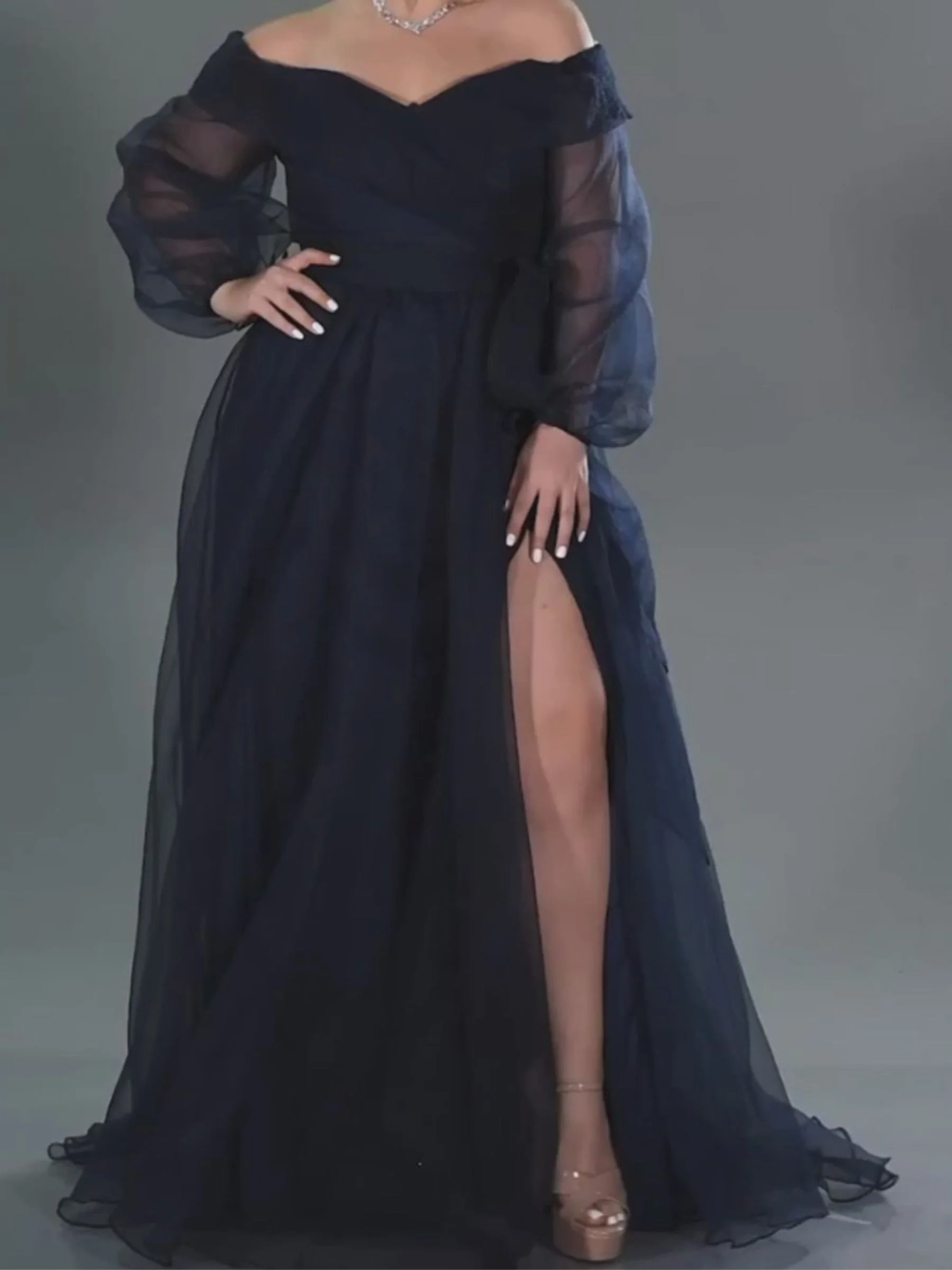 A-Line/Princess Off-the-shoulder Puff Long Sleeves Floor Length Evening Dresses with Slit - Image 3