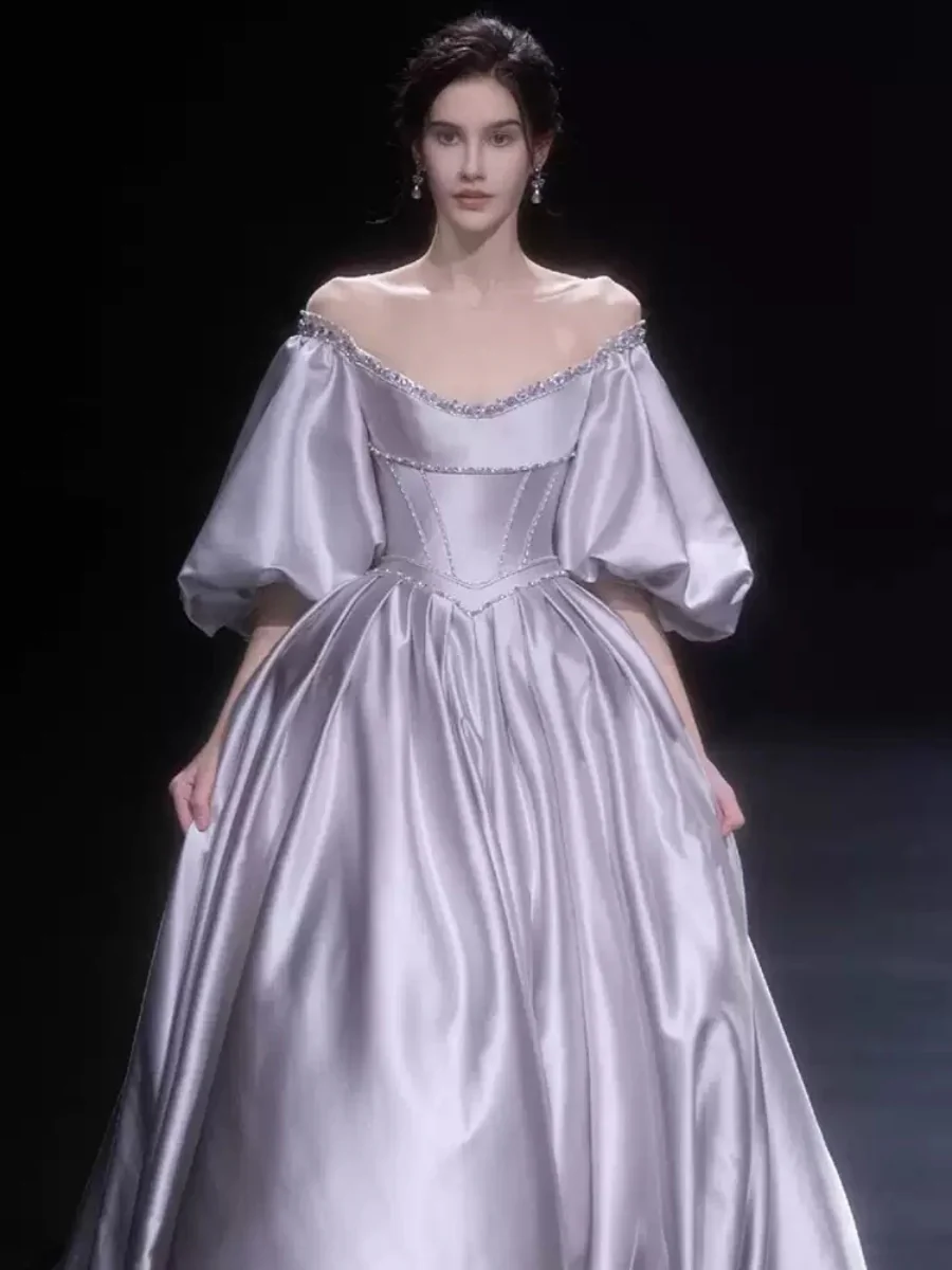 A-line/Princess Off-the-shoulder Puff Sleeves Floor-Length Pleated Wedding Dresses with Crystals - Image 3