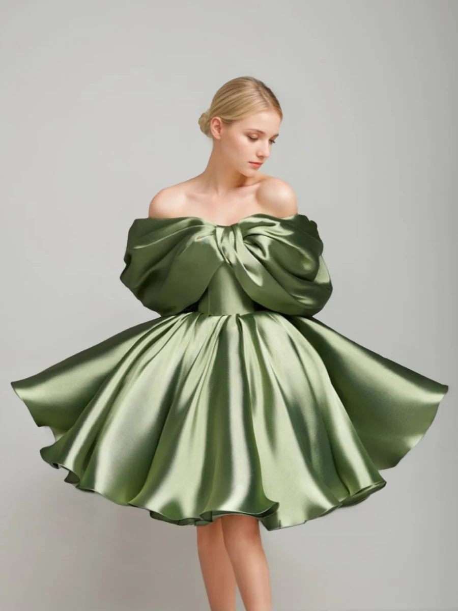 A-Line/Princess Off-the-shoulder Puff Sleeves Short/Mini Evening Dresses Pleats & Lace-Up - Image 2