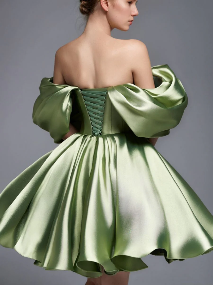 A-Line/Princess Off-the-shoulder Puff Sleeves Short/Mini Evening Dresses Pleats & Lace-Up - Image 3