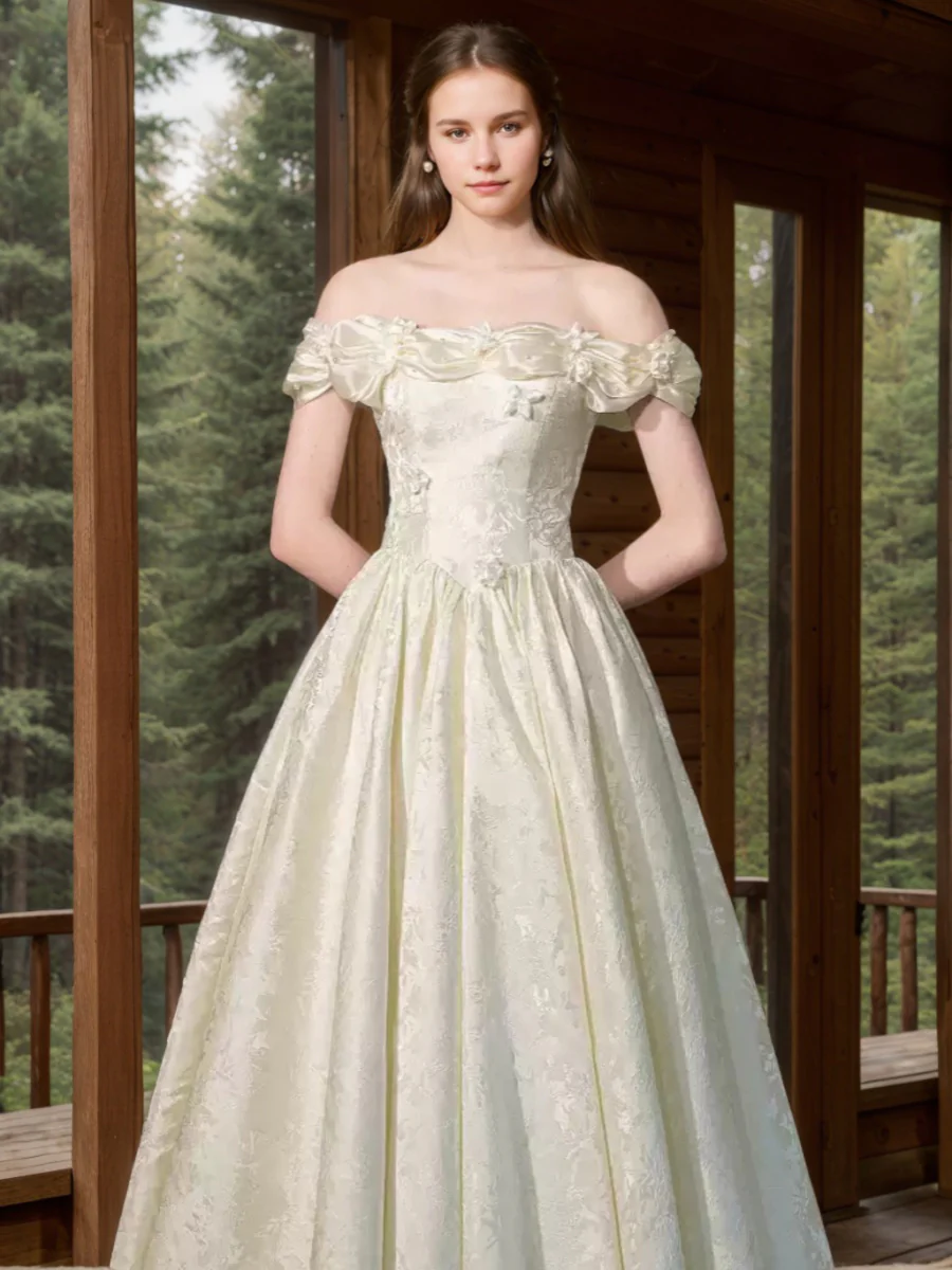 A-line/Princess Off-the-shoulder Ruched Floor-Length Pleated Wedding Dresses with 3D Flowers & Lace-up & Embroidery - Image 4