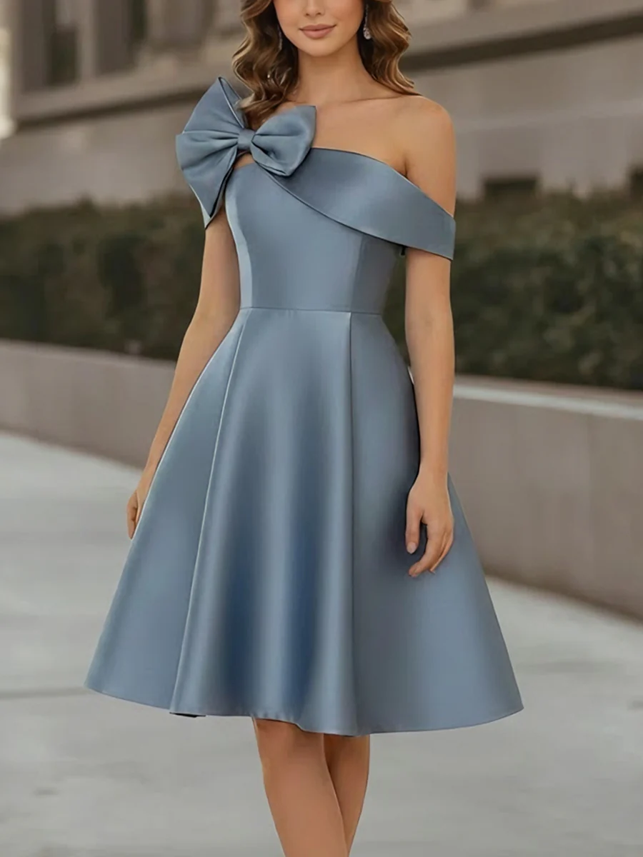 A-Line/Princess Off-the-Shoulder Satin Cocktail Dresses Sleeveless Knee-Length Formal Dresses with Bowknot - Image 4