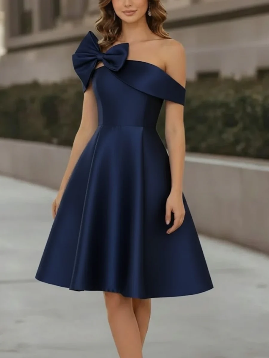 A-Line/Princess Off-the-Shoulder Satin Cocktail Dresses Sleeveless Knee-Length Formal Dresses with Bowknot - Image 6